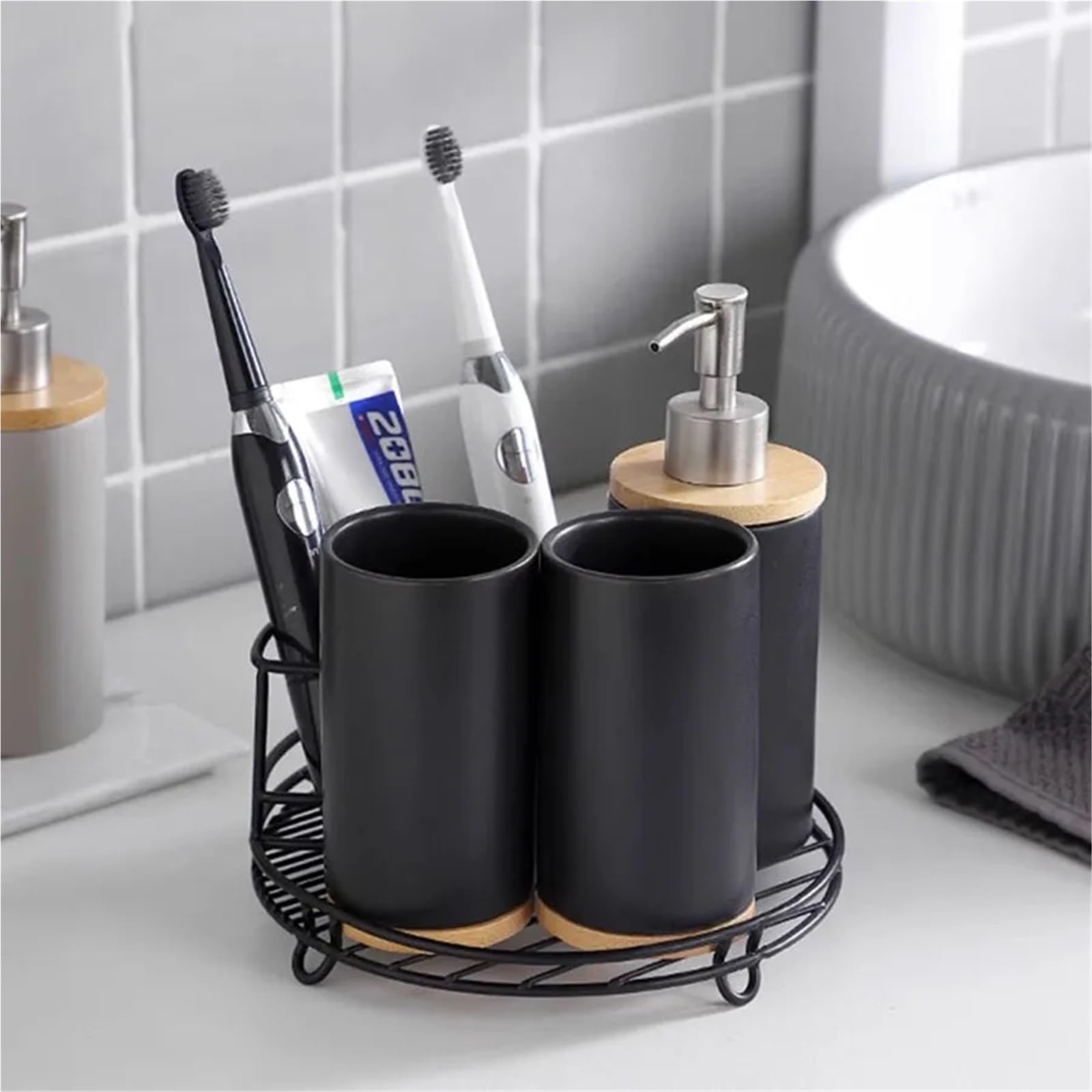 Accesorios BañO Set de Accesorios baño cerámica, Soporte for Cepillo Dientes, dispensador jabón con Bandeja, Kit decoración del hogar(2cup1bottle-gray)