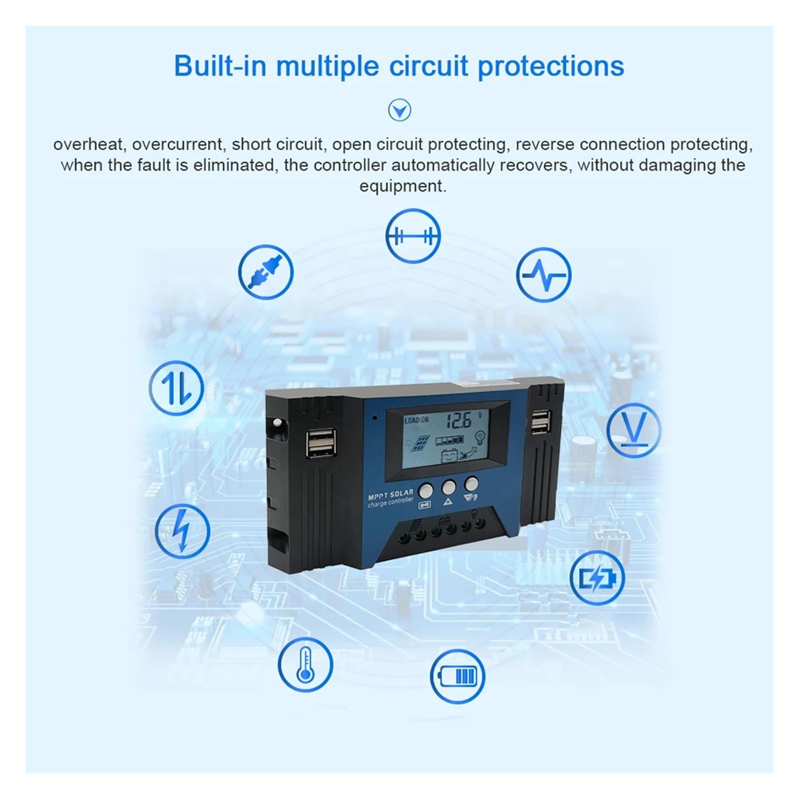 Regulator ładowania słonecznego, MPPT regulator ładowania słonecznego automatyczny kontroler panelu słonecznego inteligentny regulator baterii 12/24V 4 wyjście USB 30A/40A/50A/60A/100A(100A)