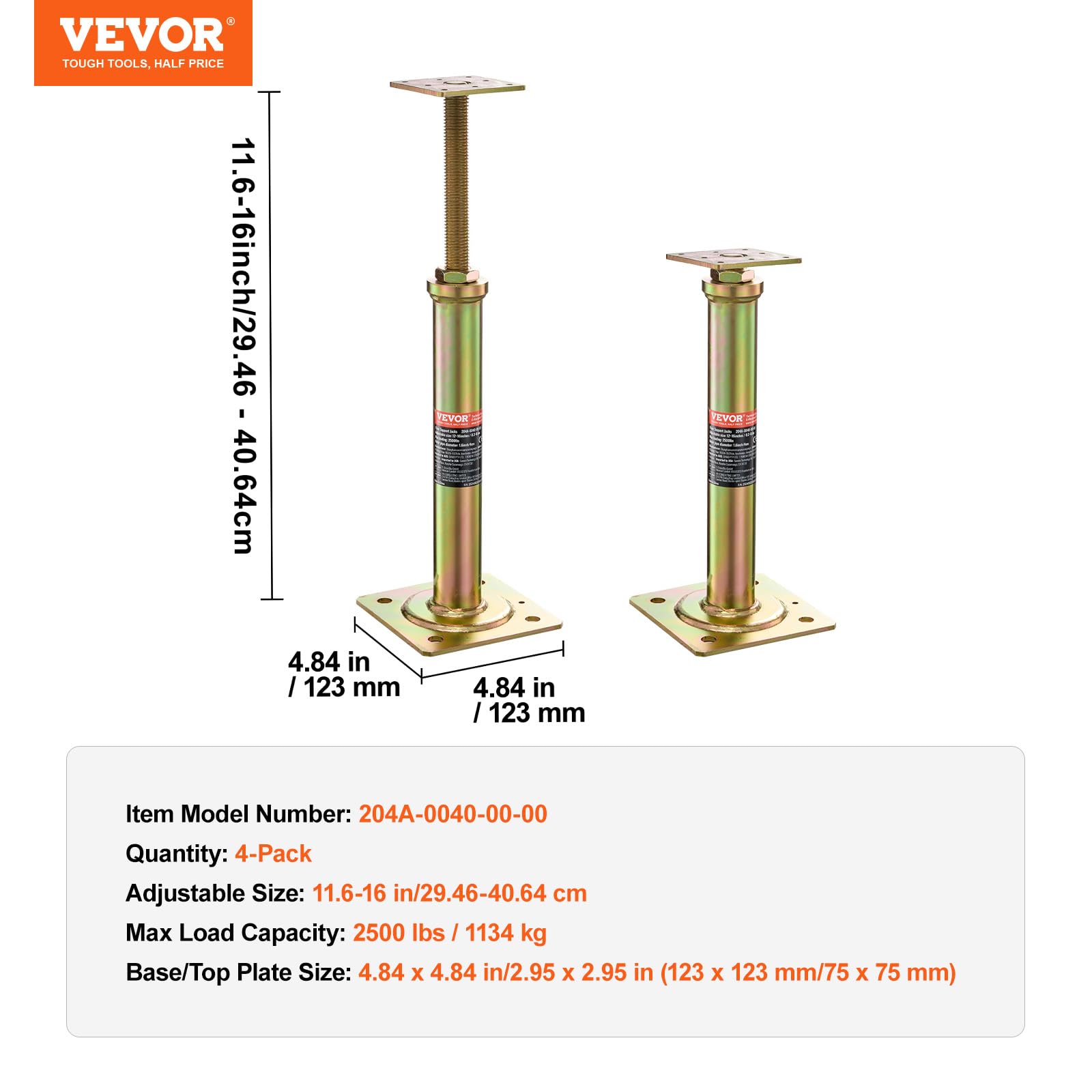 VEVOR Martinetto da Pavimento Altezza 29,46-40,64 cm, 4 Pezzi Regolabile per Livellamento, Portata ca. 1134kg, Sollevamento Telescopico per Riparazioni Garage