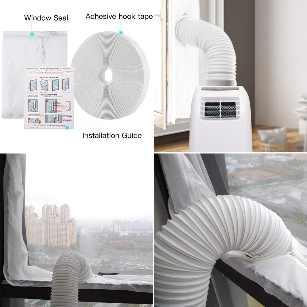 AGPTEK 400CM Tissu de Calfeutrage Fenêtre pour Climatiseur Mobile Sèche-Linge et Déshumidificateurs, Kit Joint de Fenêtre Étanche Installation Facile avec Fermeture à Glissière et Ruban Adhésif