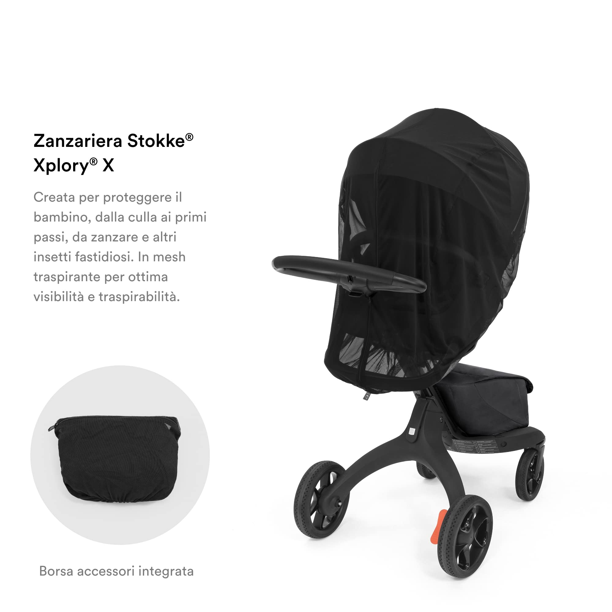 Zanzariera Stokke Xplory X, Nero - Protegge il bambino dagli insetti - Mesh traspirante - Facile da usare, Trasportare e Conservare - Si piega nella borsa accessori integrata