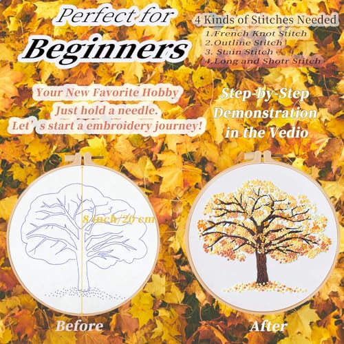Image of FONNUY Crewel Embroidery Kit for Beginners, Seasonal Tree Pre-Stamped Pattern Kits for Adults with Hoop, Easy to Follow Color Thread Needlework, 8'' (Yellow)