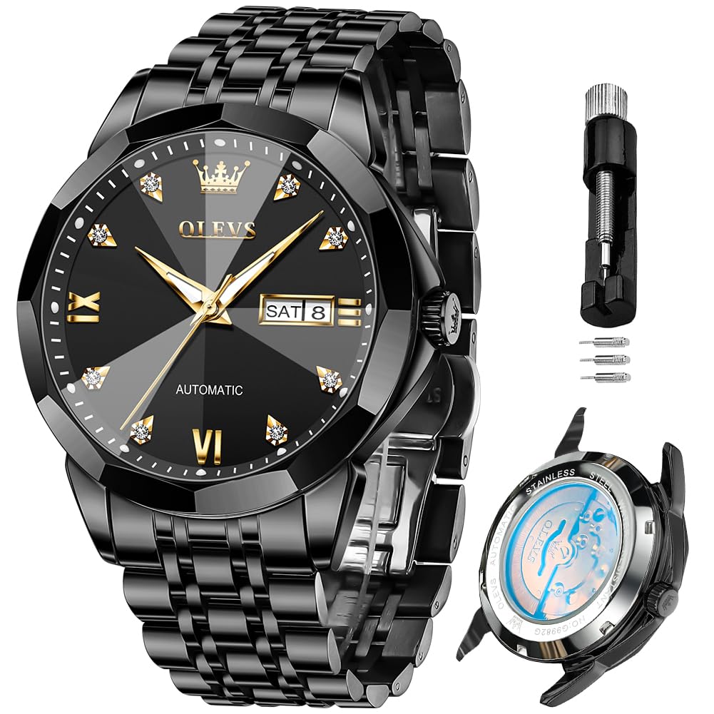 OLEVS Skeleton Men Watches Automatic Business Luxury Diamond Self Winding Watch for Men Stainless Steel Calendar Wrist Watch
