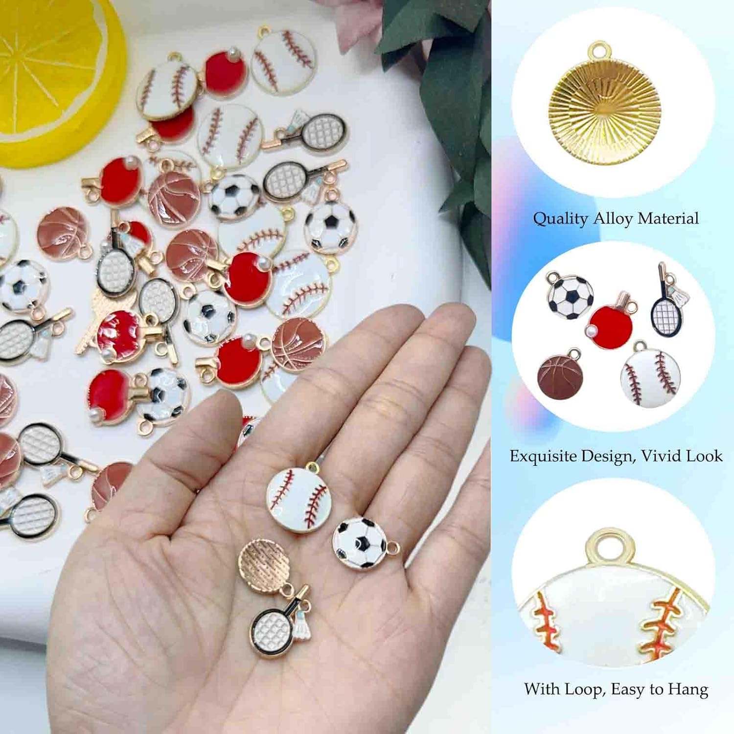 50PCS Sports Charms for Jewelry Making, Basketball Baseball Table Tennis Badminton Soccer Beads Pendants Bulk Enamel Sport Theme Football Softball Charms for Bracelets Necklaces DIY Crafts - Image 4