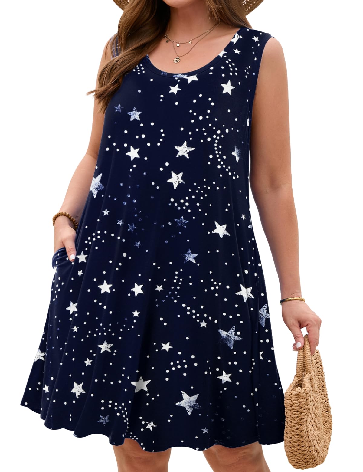 JollieLovin Women Plus Size Curvy Summer Tank Sun Dresses Sleeveless Causal T-Shirt Dress Beach Swing Cover up(L-5X)