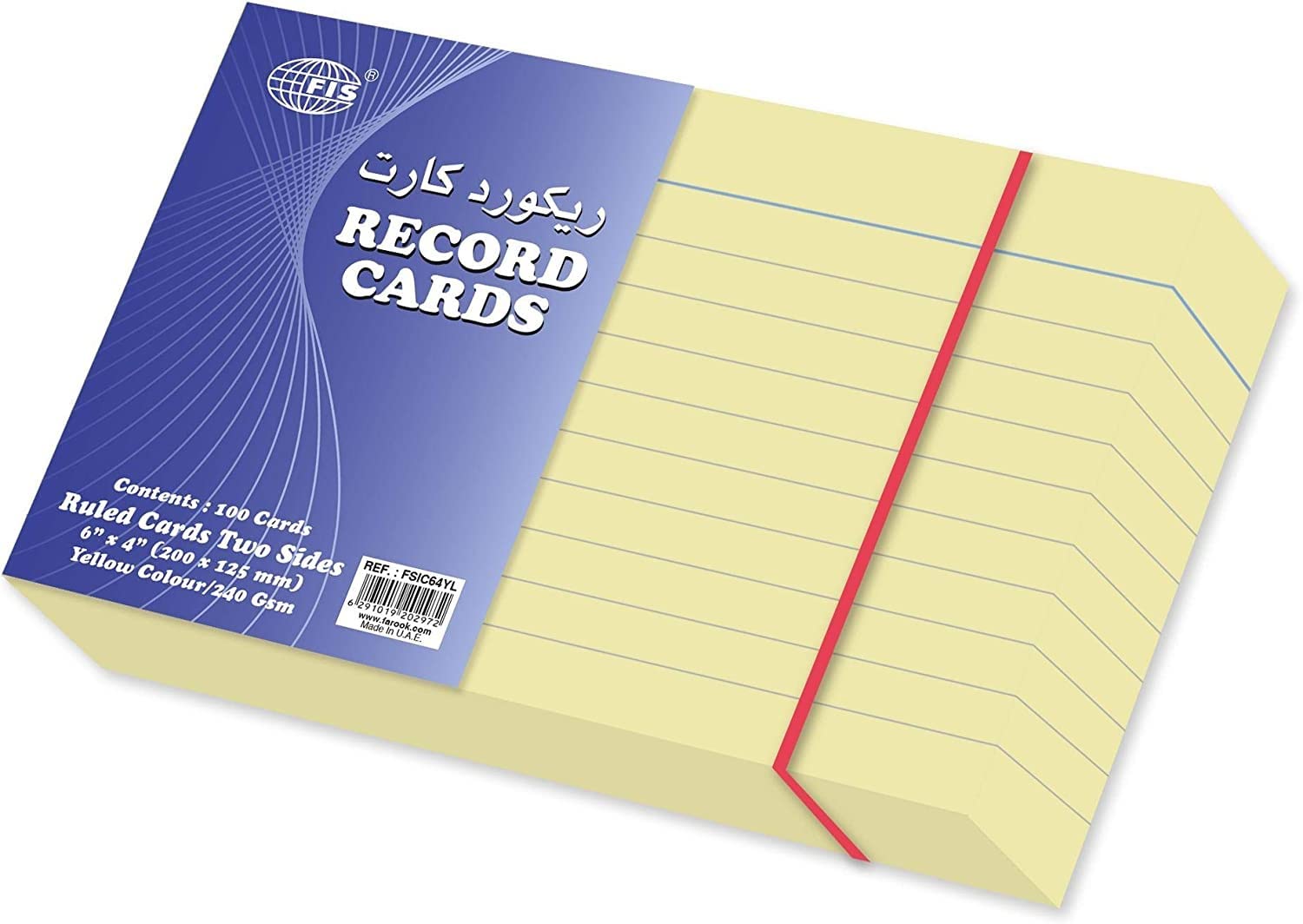 FIS FSIC64YL 240 GSM Ruled Colored Record Card 100-Pieces Set, 15.24 cm x 10.16 cm Size, Yellow