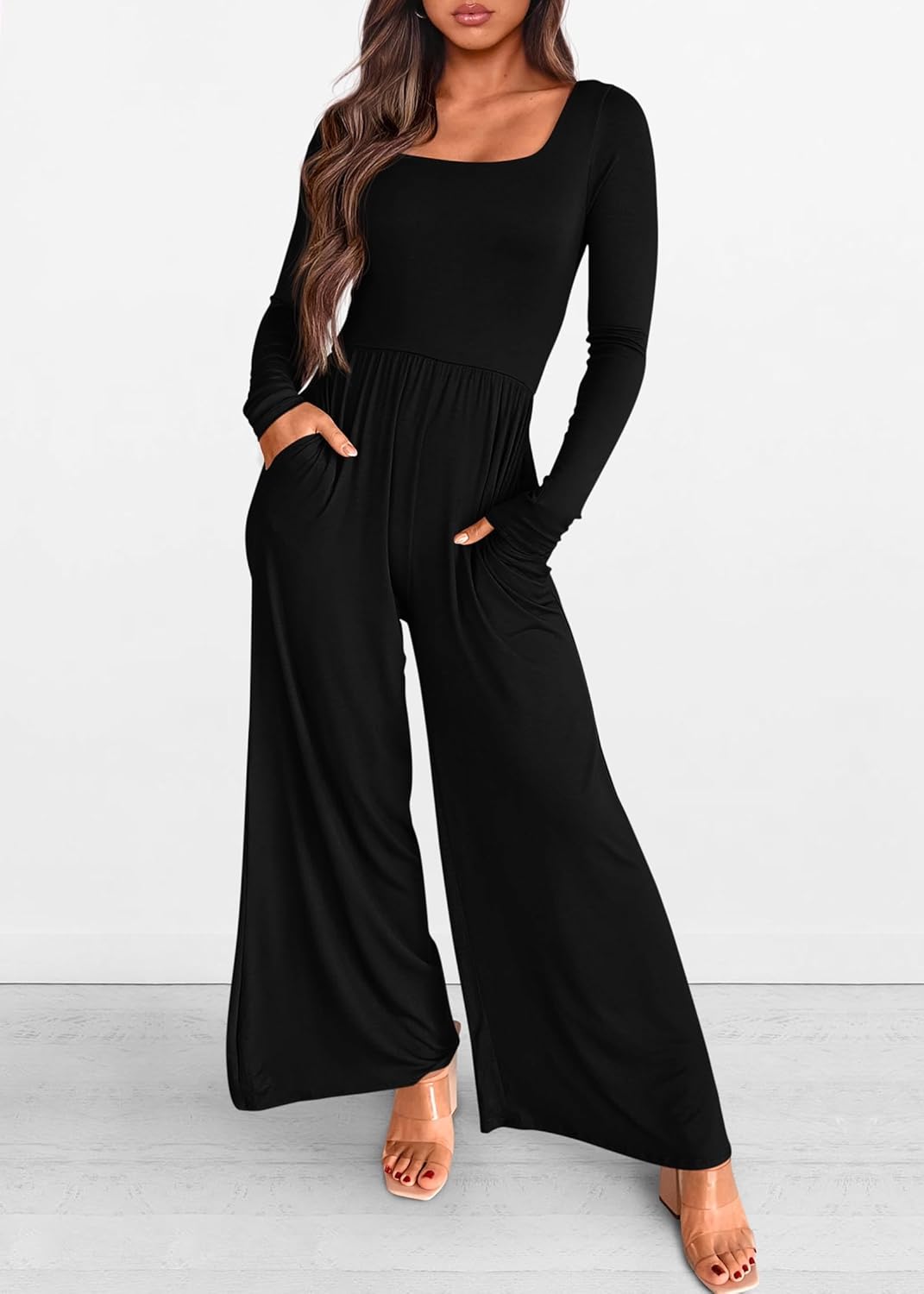 KIRUNDO Long Sleeve Jumpsuit for Women 2026 Spring Outfits Summer One Piece Square Neck Wide Leg Pants Romper With Pockets - Image 3