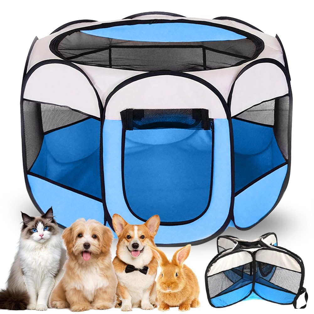 Welpenauslauf Hundebox Faltbar 74x74x43cm, Welpenlaufstall Katzengehege Kleintiergehege für Zuhause, Laufstall Freilaufgehege für Hunde Katzen Hasen Innen Draußen (Blau)