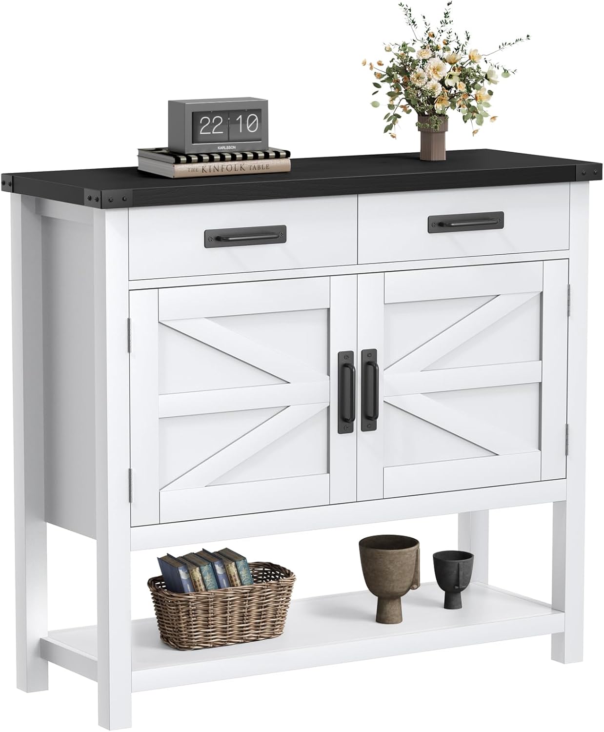 Farmhouse Console Table with 2-Door Cabinet & 2 Drawers, Coffee Bar, Entryway Table with Storage Shelf, Sofa Tables Buffet Sideboard for Kitchen, Hallway, Dining, Living Room, White