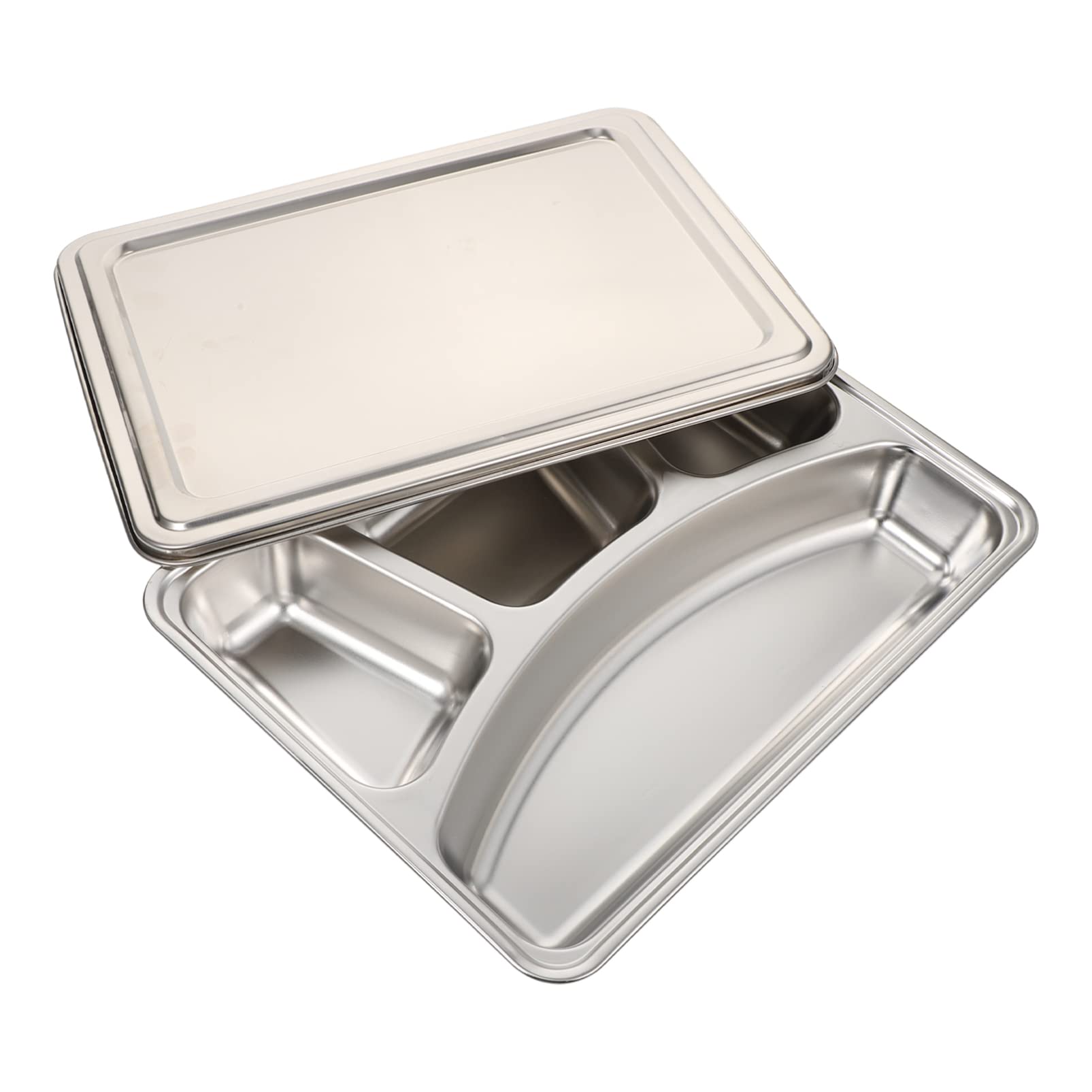 Generic 1pc Stainless Steel Divided Plate Rectangular 4 Compartments Serving Tray Platter Dinner Snack Dish with Lid for Lunches Portion Control