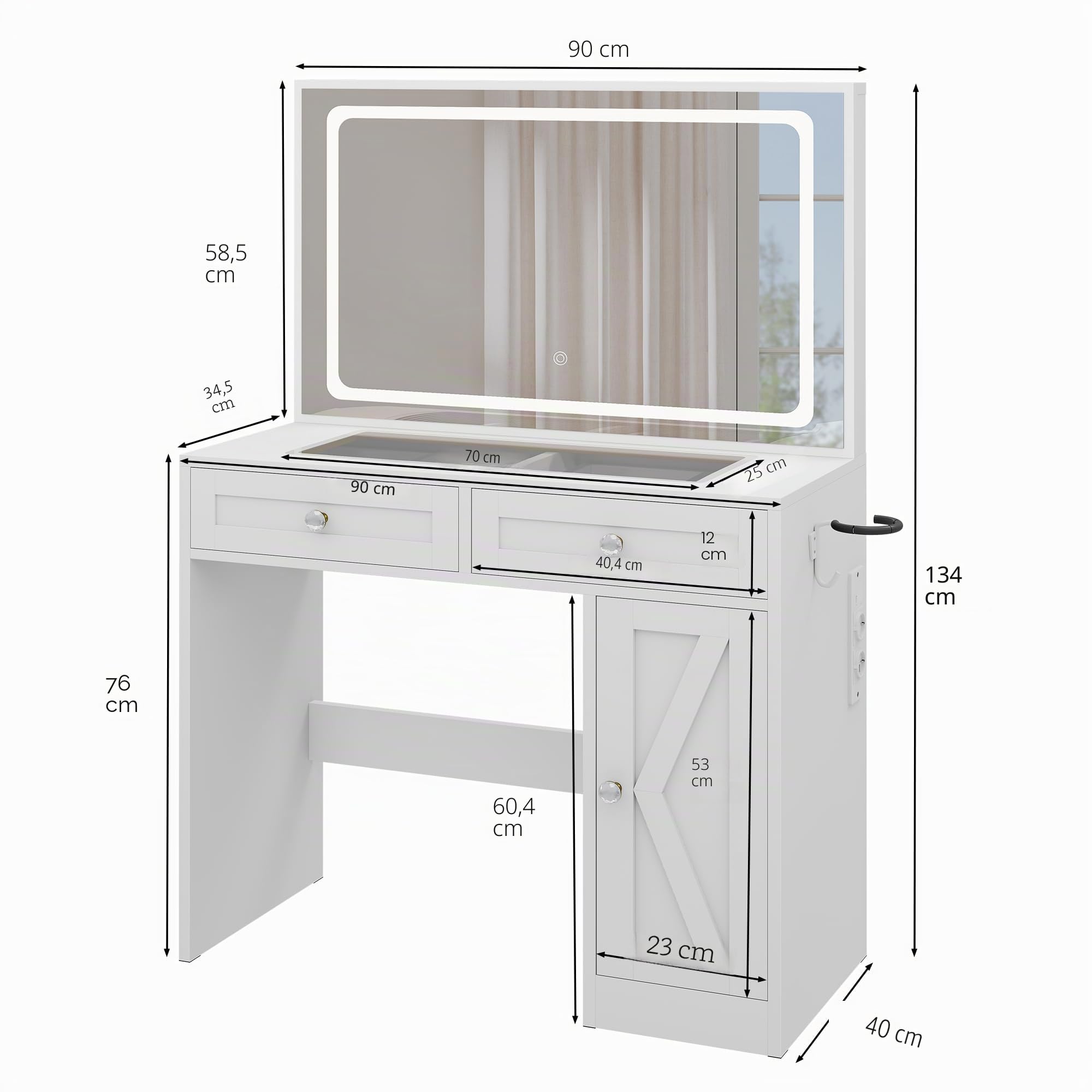 YITAHOME Tocador con iluminación LED Ajustable y enchufes, tocador con Espejo, tocador con cajones divididos, Escritorio Transparente, Blanco
