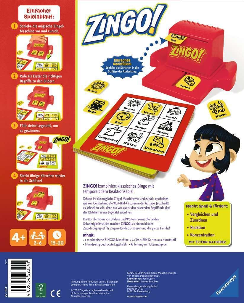 Ravensburger Zingo, dzieci od 4 lat, dla 2 do 6 graczy, gra bingo (22354) (wydanie niemieckie)