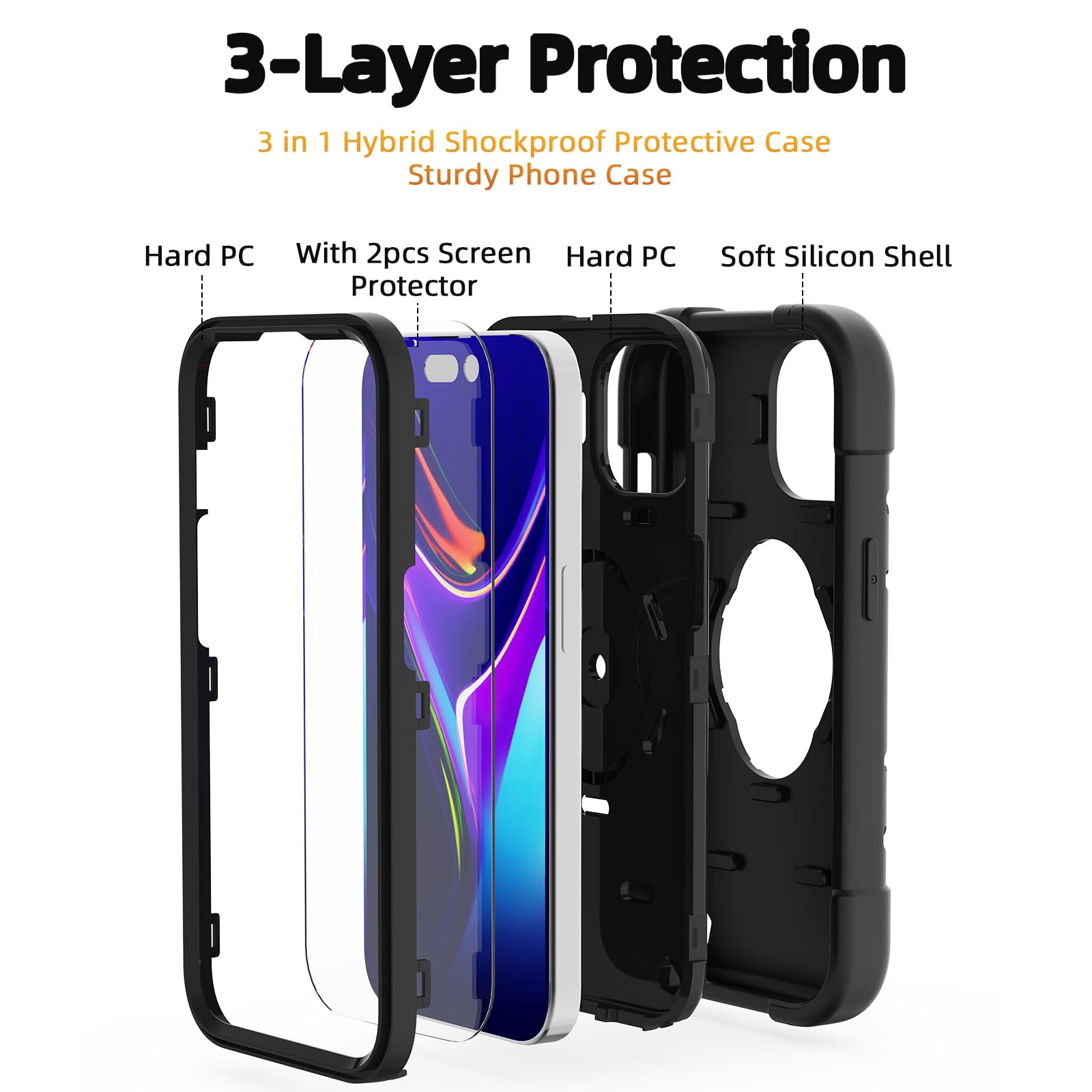 Coque hybride en caoutchouc souple pour iPhone avec béquille, antichoc (rouge + bleu, iPhone 15 6,1")
