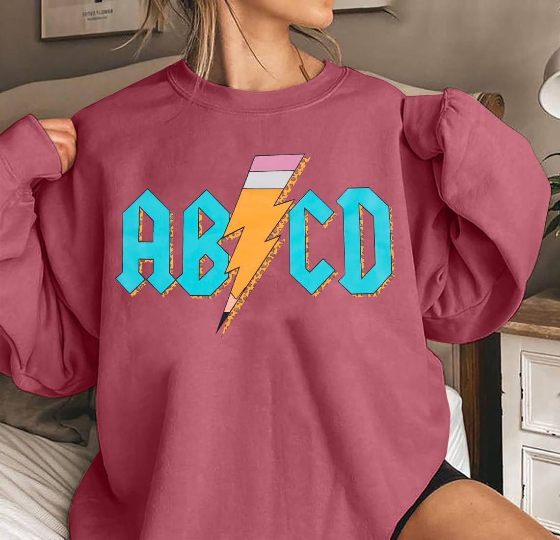 MAXIMGR Teacher Sweatshirt Women Oversized Rock'n Roll Sweatshirt ABCD Alphabet Graphic Back to School Pullover Top Pink