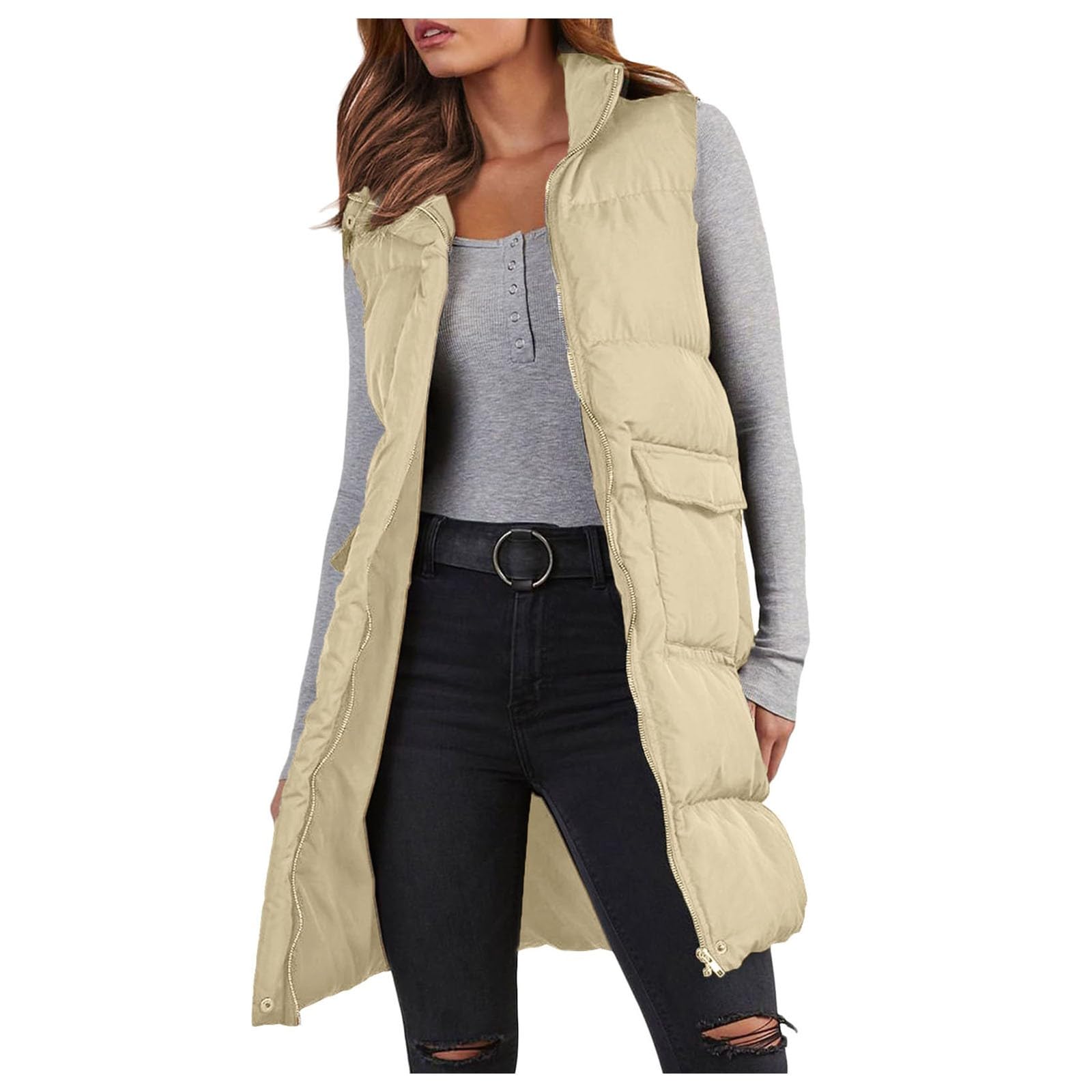 Gilet Sans Manches Femme - Col Montant, Zippé, Couleur Unie - Printemps/Hiver 2024