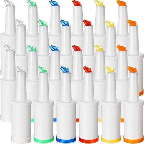 CHENGU Paquete de 24 recipientes de botellas de 34 onzas para verter jugos de colores, tienda de licor de jugo de plástico en 6 colores para