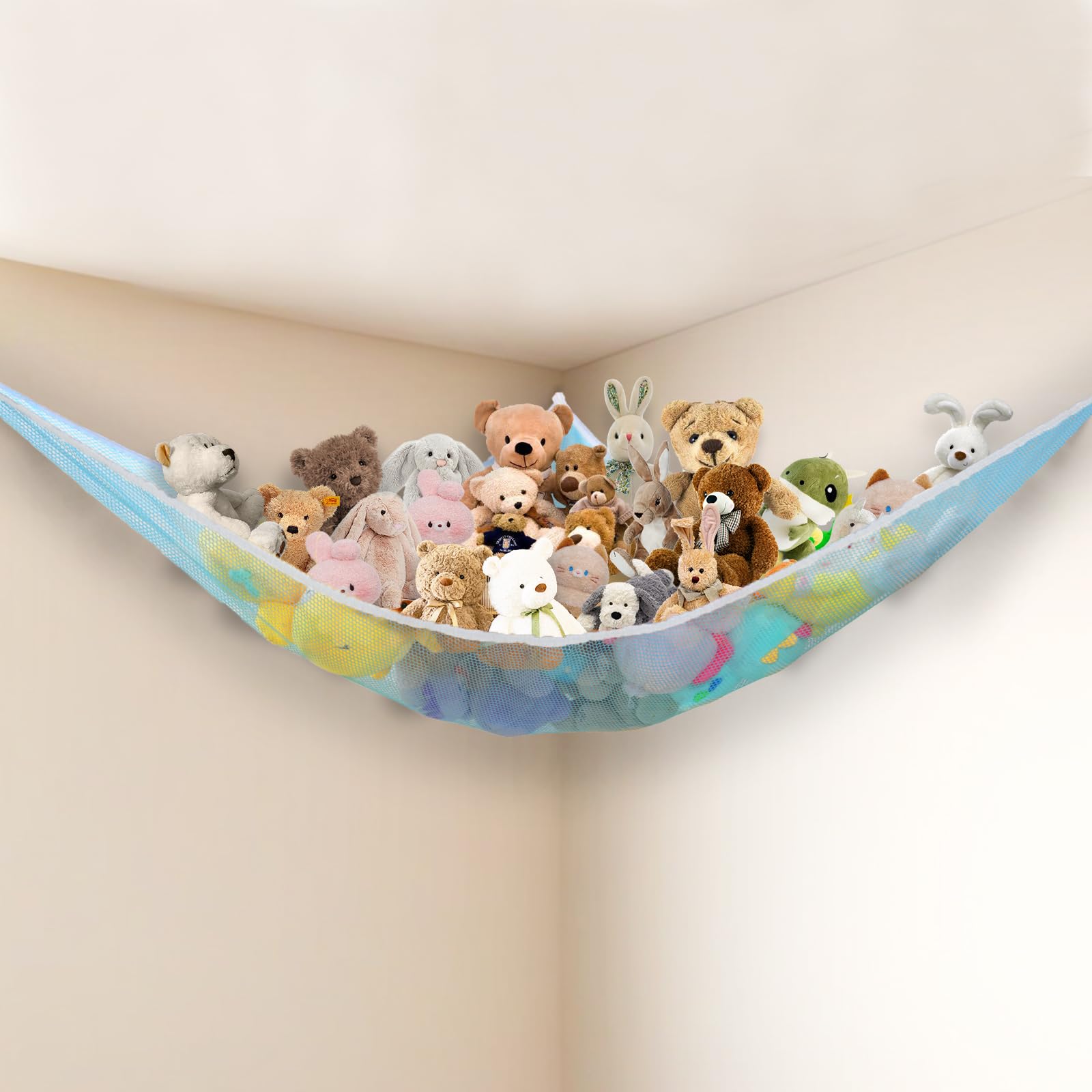 Powkoo Blue Stuffed Animal Net Hammock Corner Large Toy Storage Organizer Holder Plushies Stuffy Storage Hammock For Kids Baby Nursery Bedroom Playroom Home Wall Room Decor (Blue)
