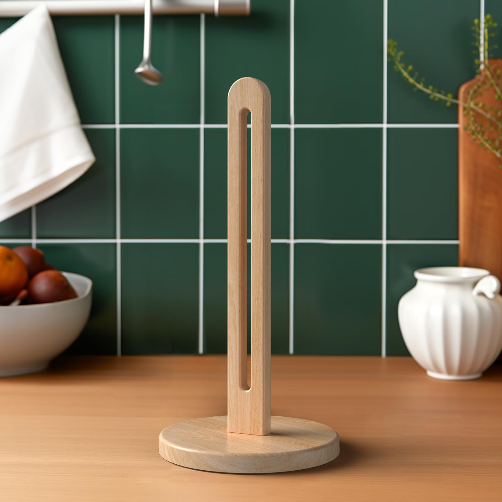 Soporte para toallas de papel de madera, se adapta a rollos gigantes, soporte dispensador de toallas de papel de madera de haya maciza con base antideslizante, 1 paquete 4