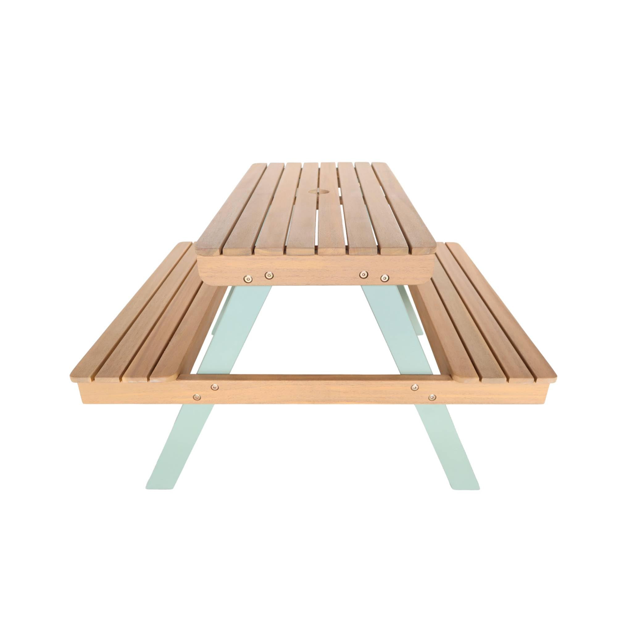 Alice's Garden sweeek - Table de Pique-Nique. Salon de Jardin Enfant Bois d'acacia + 2 Places Couleur Teck Clair et Vert de Gris