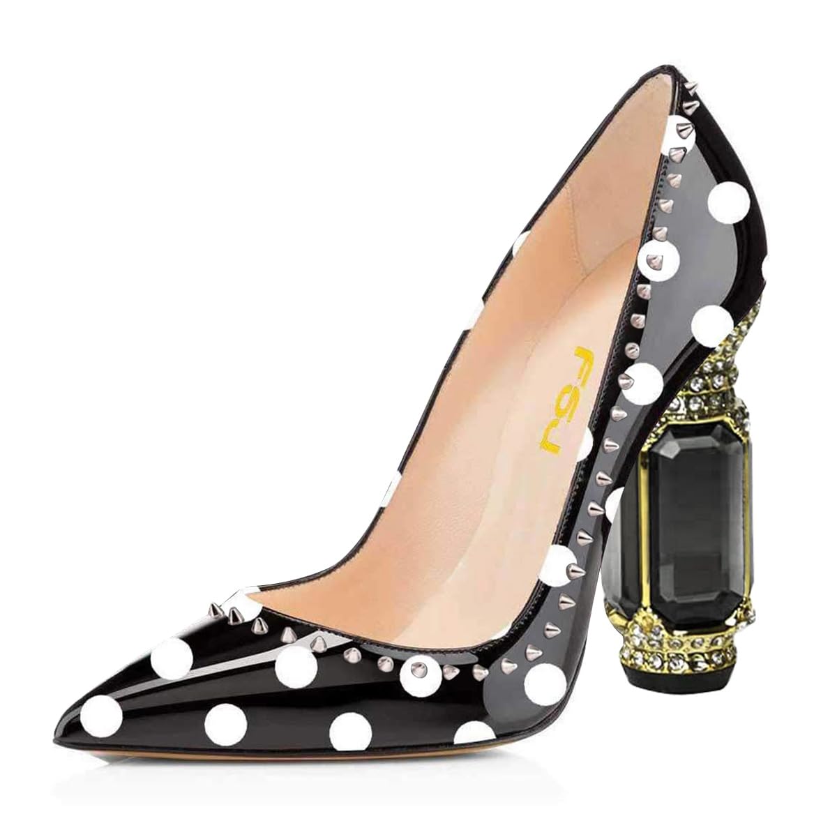 FSJ Women Bridal Pointed Toe Chunky Block High Heel Crystal Pumps Slip on Wedding Thick Comfort Evening Dress Studded Rivets Shoes