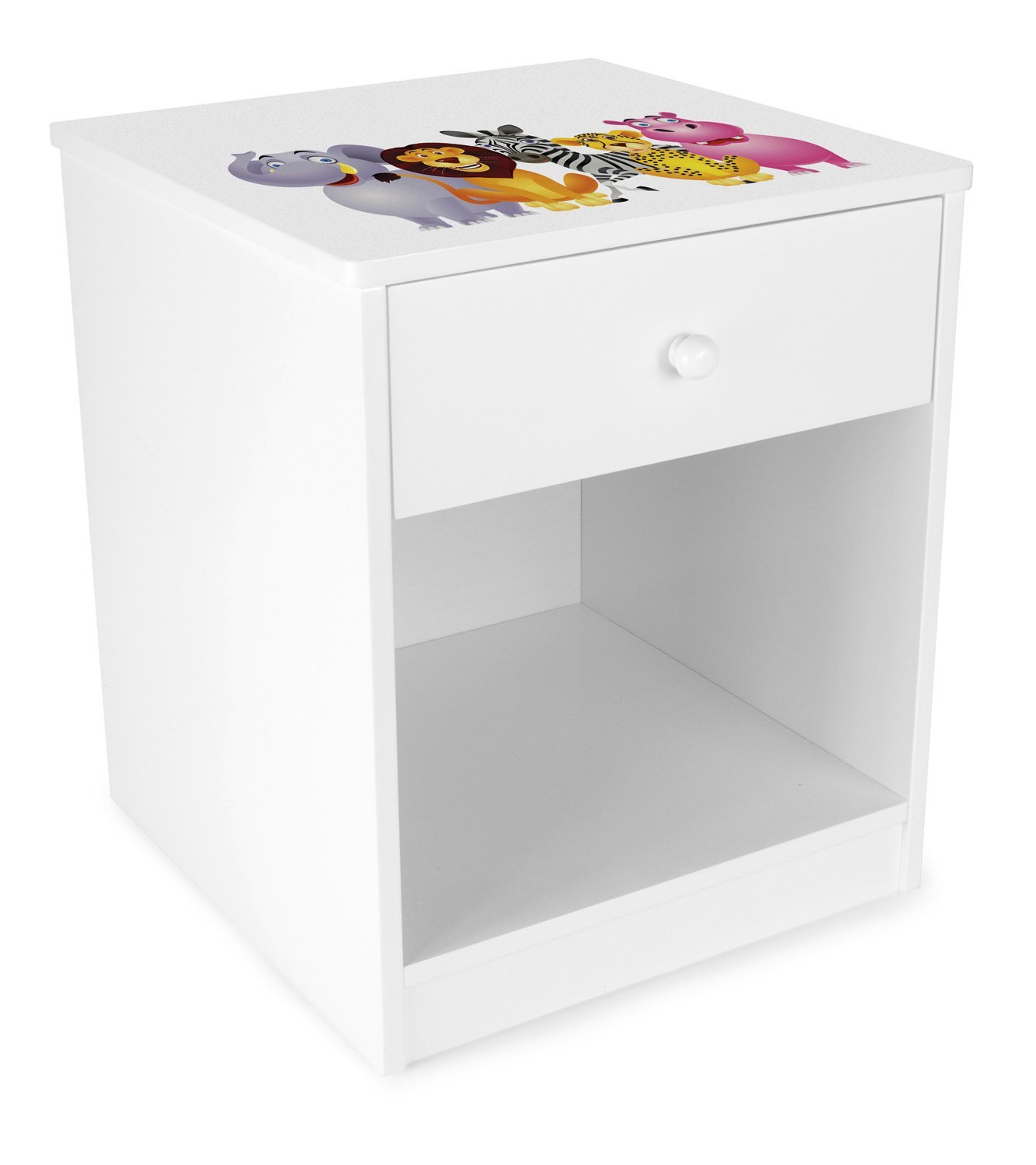 leomark comodino moderno in legno 40cm x 38cm x 42cm (A), con cassetto e scompartimento apertoin, comodino per bambini, mobili per la cameretta dei bambini con stampa colorata Animali