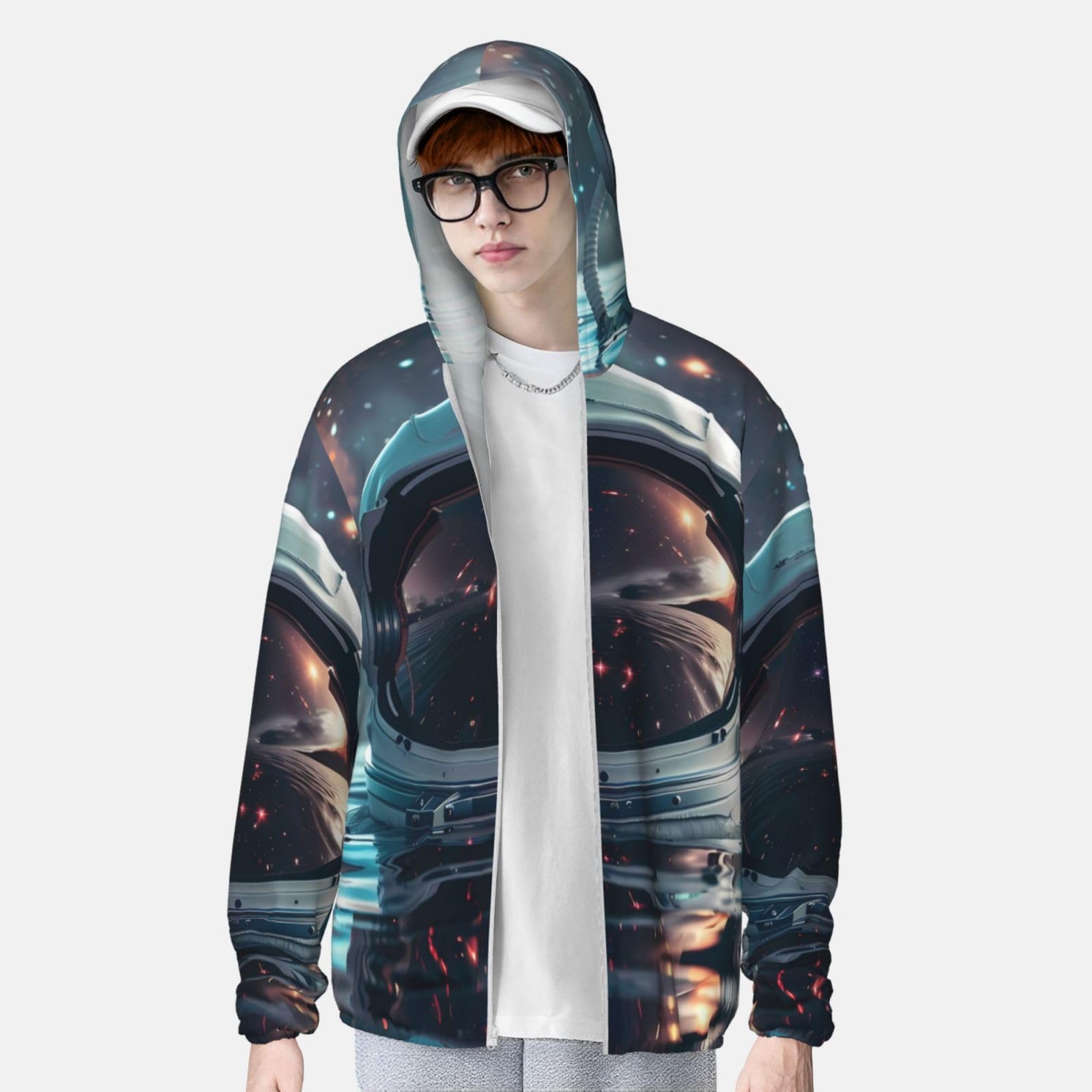 Kuilepa Astronaut Helmet Reflections Print Men'S Women Full Zip Sun Protection Long Sleeve Sun Shirts For Men Hiking Fishing-3XL