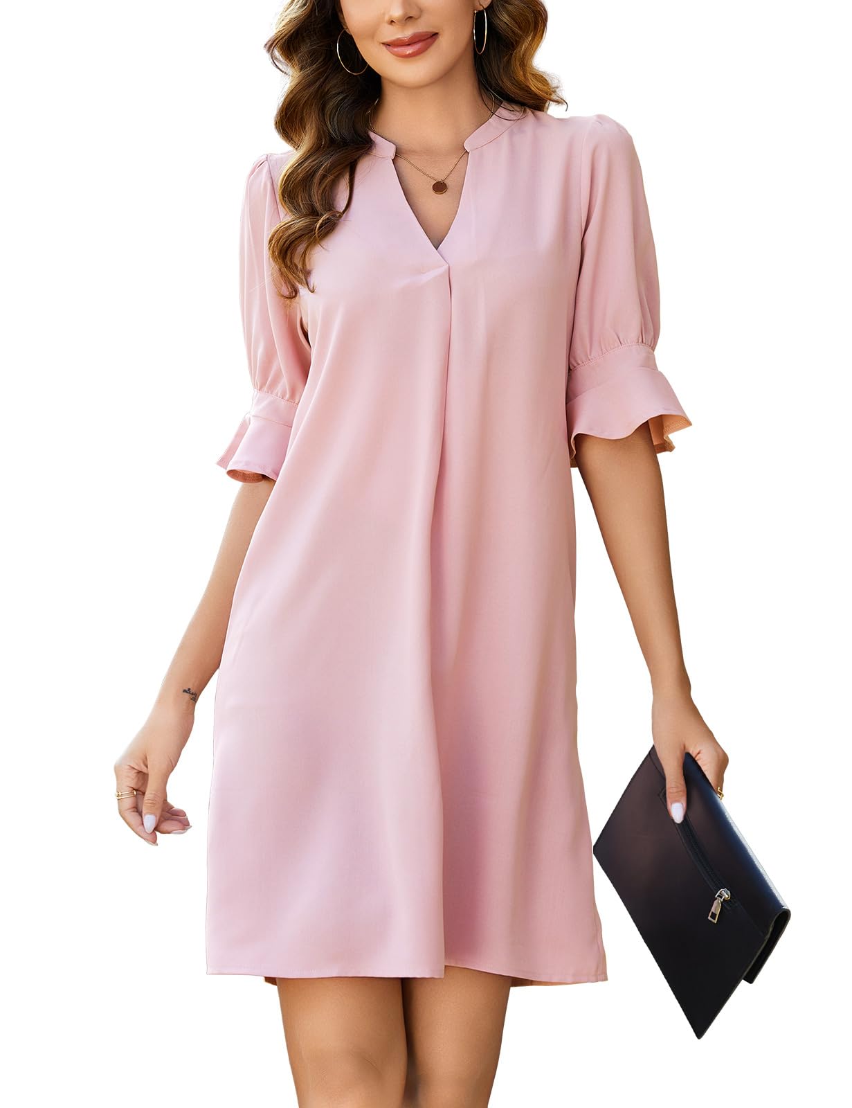 Svanco Vestido Camisa Mujer Cuello en V Mangas Volantes Vestidos Color Sólido Vestido Casual de Verano Ajuste Suelto Flowy Camisa Vestidos S-XXL