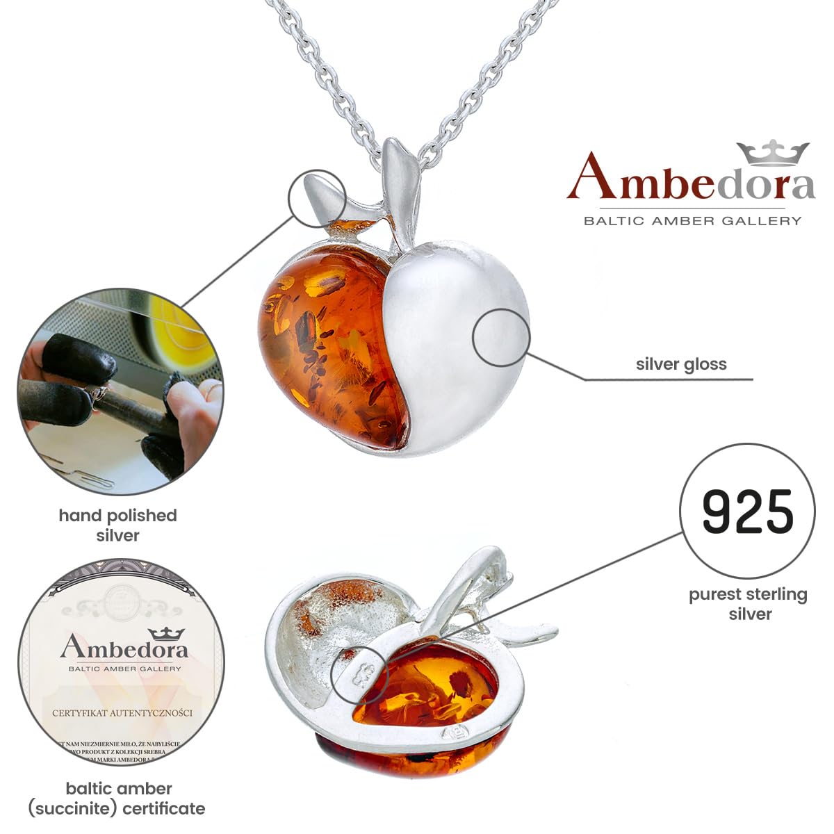 Collar pequeño de manzana para mujer con ámbar, plata de ley pulida, ámbar báltico en color coñac, colgante de plata con cadena, Plata esterlina, Ámbar