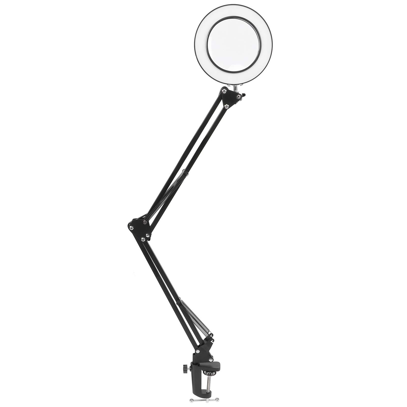 FTVOGUE Lámpara de Aumento LED Luz de Lupa de Escritorio de Hierro y Plástico 5X USB Regulable 3 Modos de Color 10 Niveles de Brillo con Abrazadera para Lectura Bordado Tatuaje Reparación de