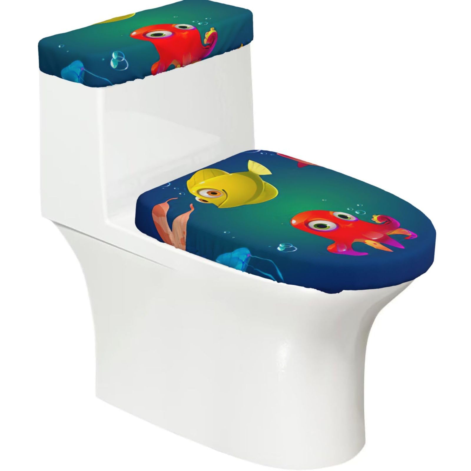 Marine Sea Life Print Bathroom Decor Toilet Lid Cover And Tank Covers, Restroom Accessories Fits Most Round