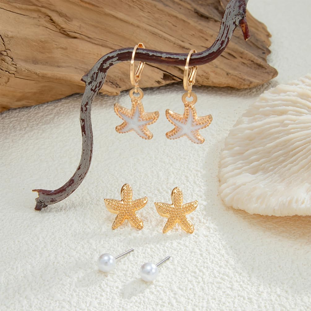 3Pair Boho Cute Gold Sea Star Shell Hoop Earrings for Women Statement Delicate Enamel Starfish Drop Dangle Earring Pearl Stud Beach Party Jewelry Gift - Image 5