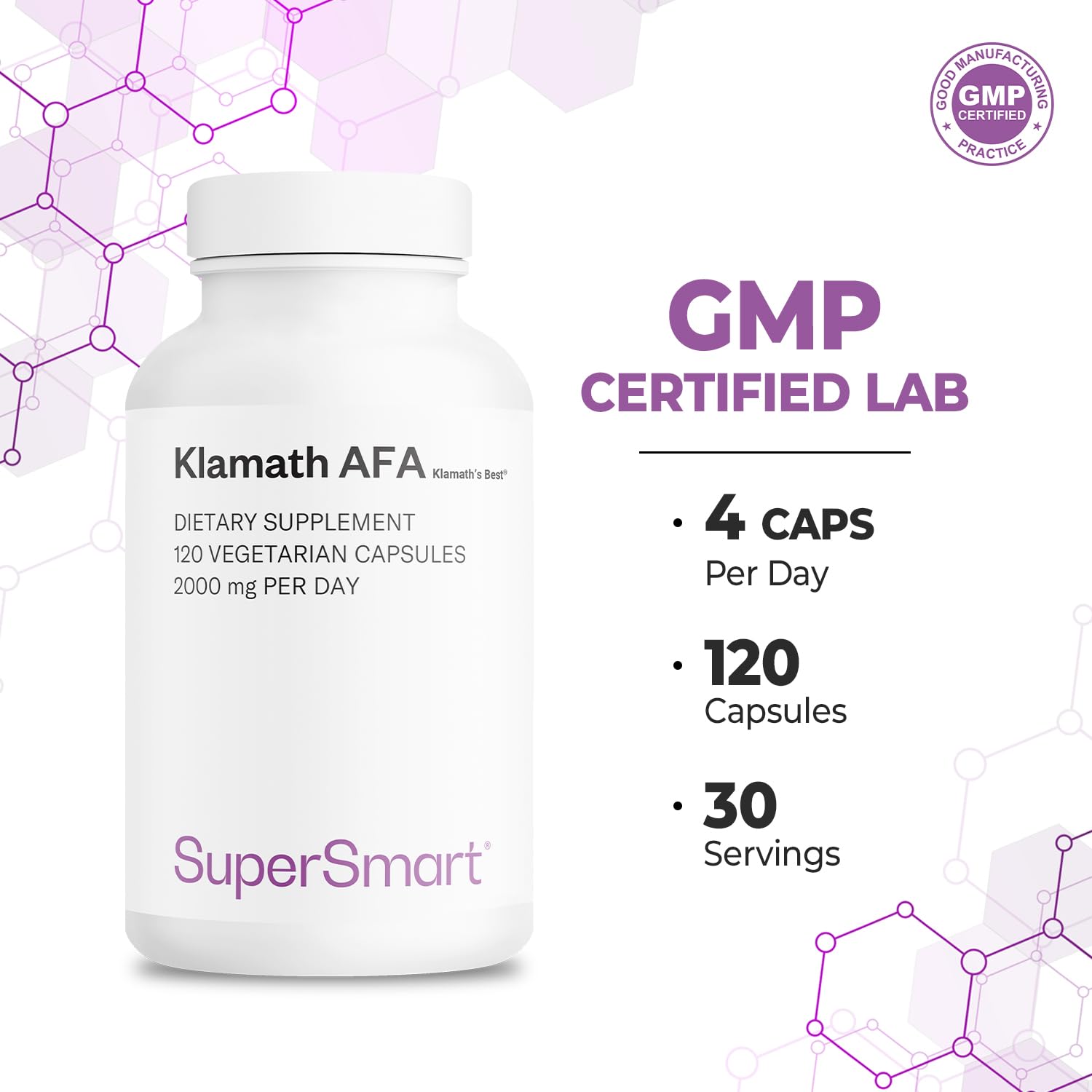 Klamath AFA - Alga Aphanizomenon Flos-Aquae - Vegano - SuperSmart | Contribuisce a promuovere effetti positivi sull'umore - Naturalmente ricco di proteine, vitamine e minerali