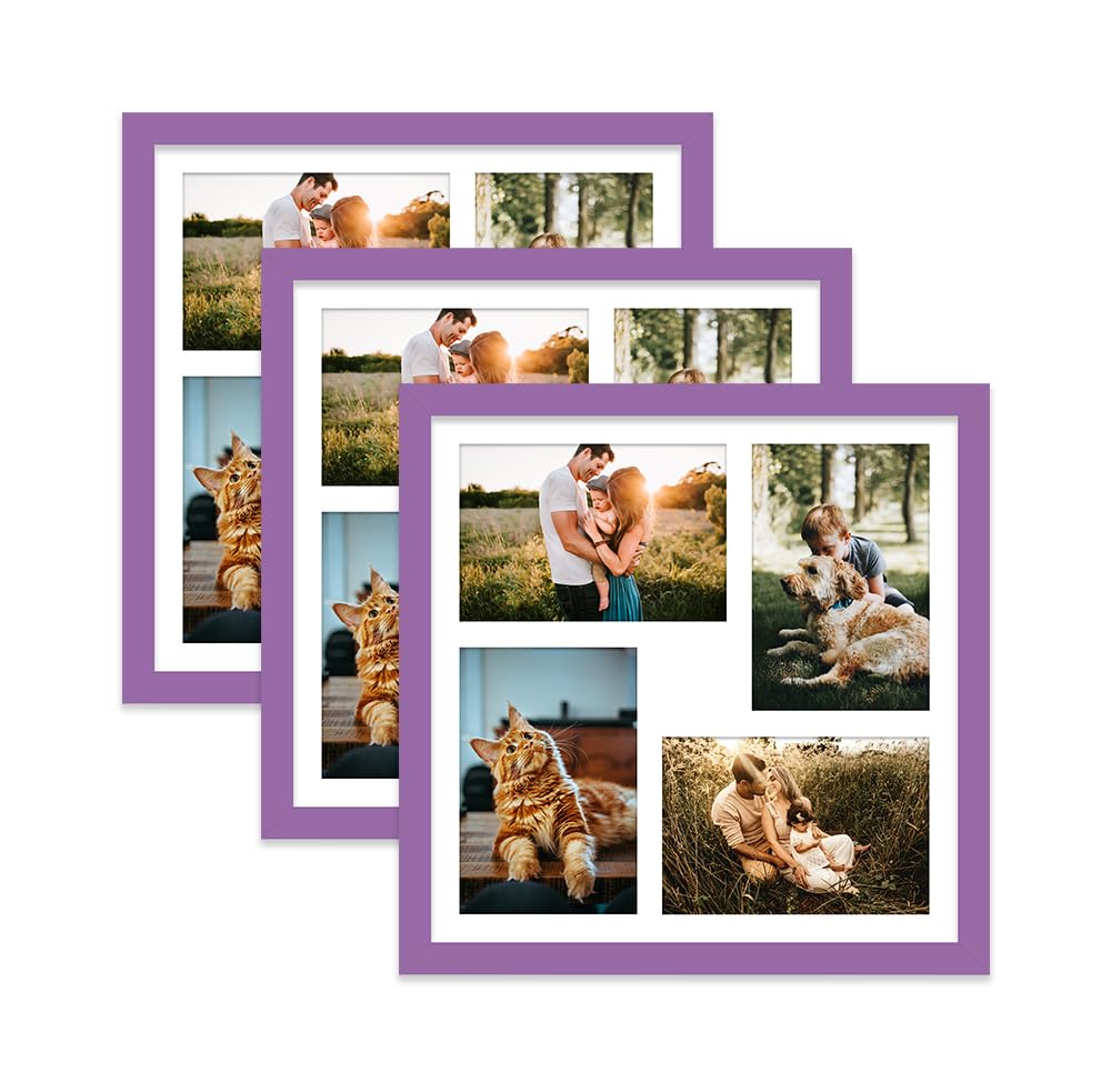 Purple Multi Photo Frame - Holds 4 x 6x4 Pictures, Family Collage Picture Frame for Wall Display, 12x12 Frame size, Set of 3