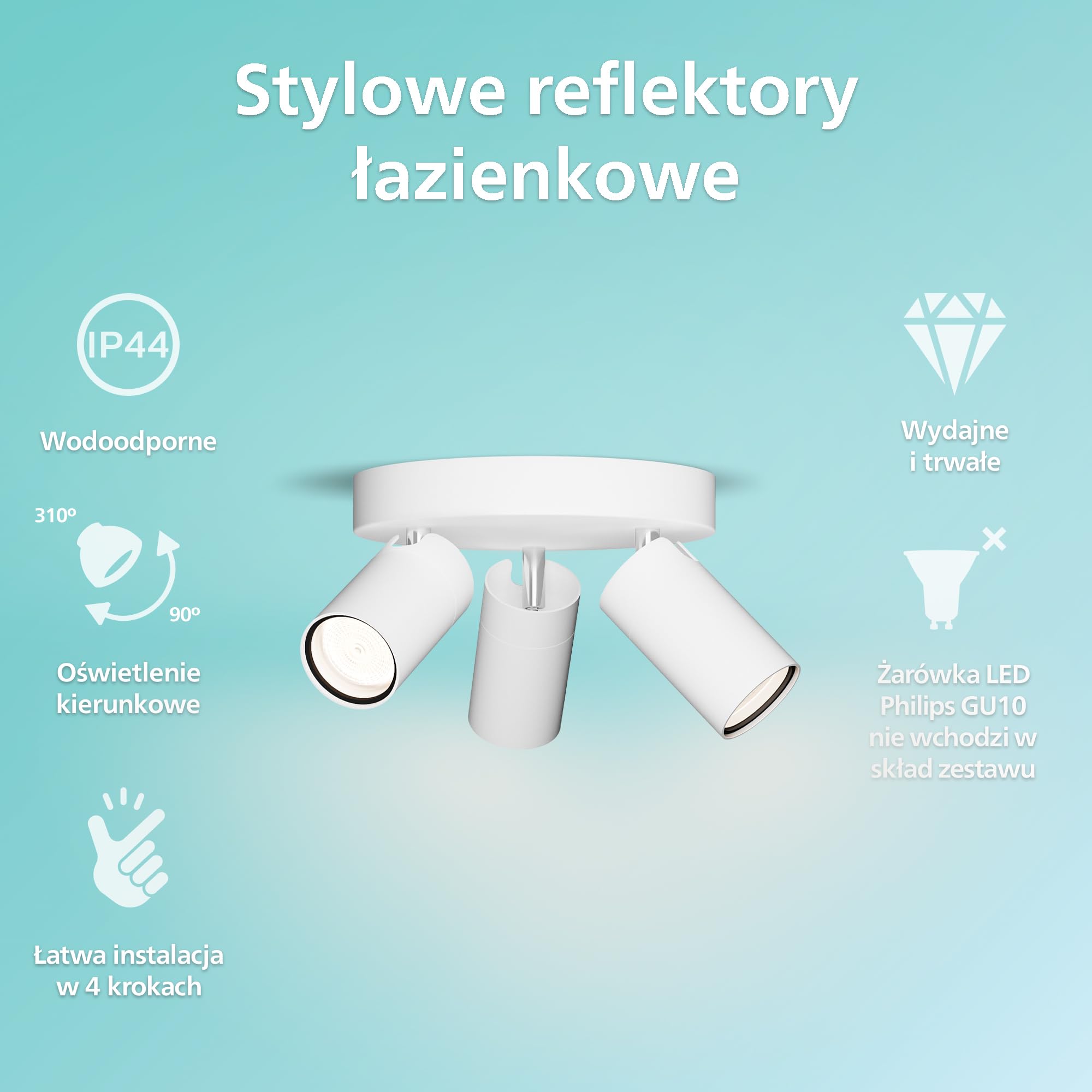 Philips LED Potrójny reflektor punktowy Idris na okrągłej podstawie, biały, IP44, wodoodporny, żarówki GU10 nie wchodzą w skład zestawu