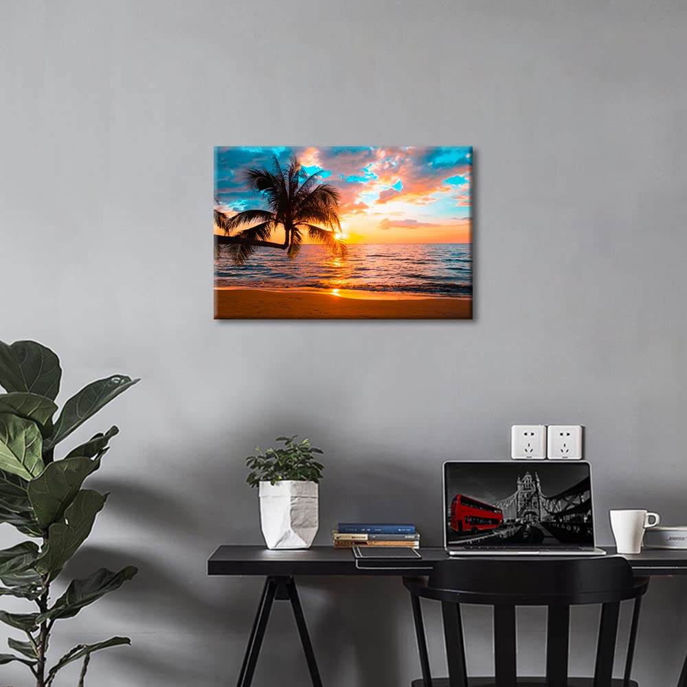 Canvas Wall Art for Living Room Bathroom Wall Decor Sunset Beach Sea Coconut Tree Ocean Landscape Painting Ready to Hang Home Decorations for Office Canvas Prints 24x16in - Image 3