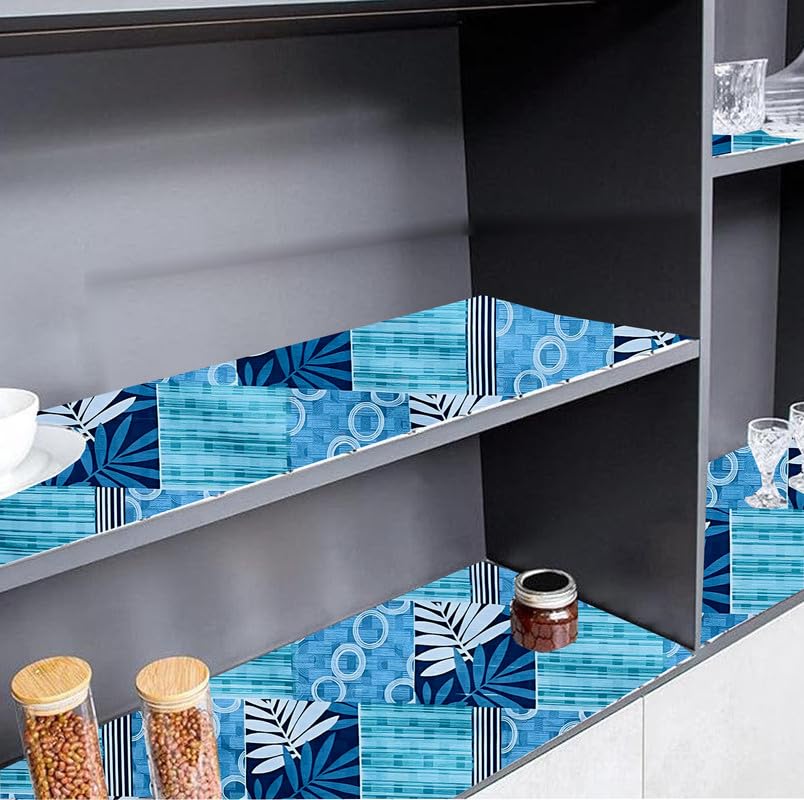 Image of Anti-Slip Kitchen Shelf Liner - Meter Roll, Waterproof Multipurpose Mat for Fridge, Cabinet, Drawer, Trolley & Bathroom - Easy to Cut Floral Blue Print (Blue, 20 Meter)