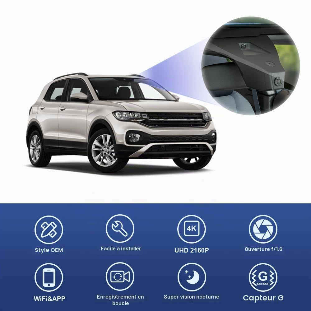 Fitcamx Dashcam 4K Compatible avec VW T-Cross 2018-2026, OEM Caméra de Voiture 2160P UHD Video WiFi, Mode de Stationnement, G-Senseur, Enregistrement en Boucle, WDR Dash Cam, Plug & Play, Carte 64 Go