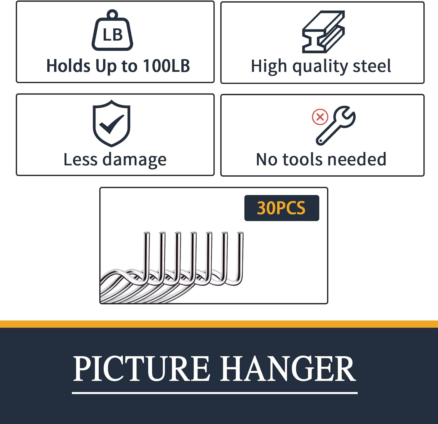 Picture Hanger Super Hook 30PCS,High-Quality Steel Picture Hanger Hercules Hooks,Used for Drywall, Wood Wall, Plaster Wall, can Hang Photos, Art, Clock, Mirror