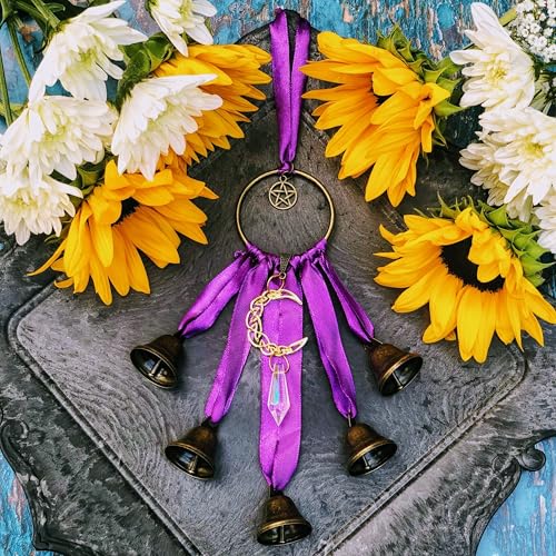 Witches Bells Witch Moon Pentacle Protection Bell, Wiccan Altar Decor, Dreamcatcher with Bells and Crystal Pendant Witchy Gift