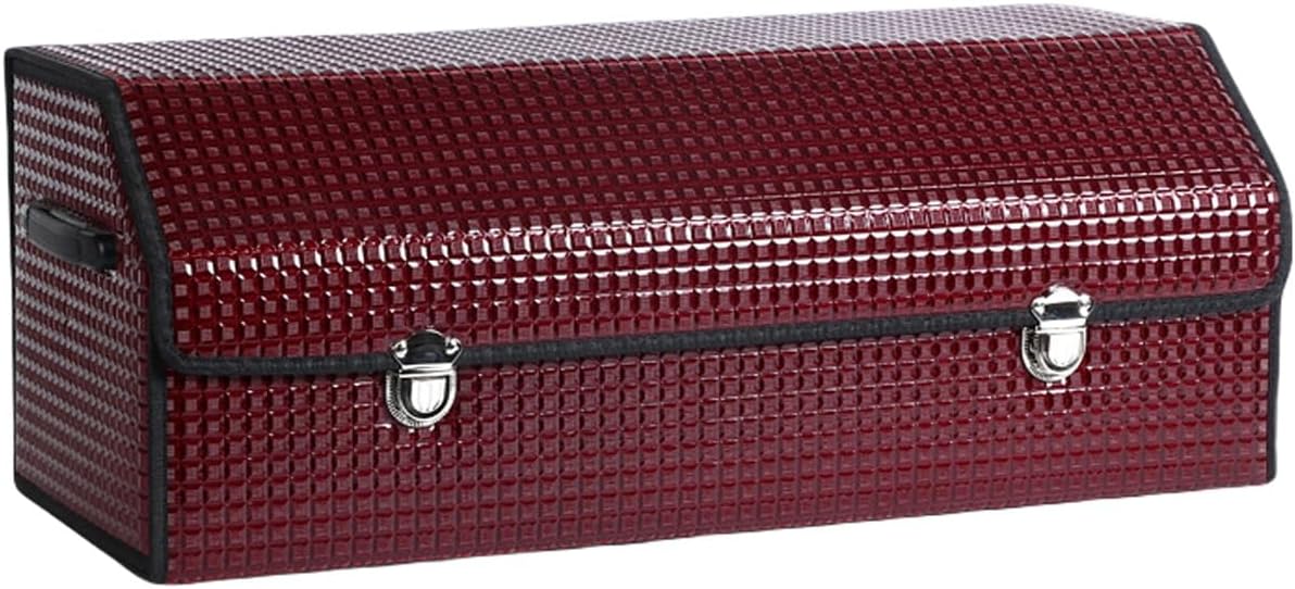 Car Organizers and Storage | Trunk Organizer for SUV | Car Trunk Leather Storage Box | Extra Large, Metal Buckle Lid, Collapsible and Adjustable(Red)