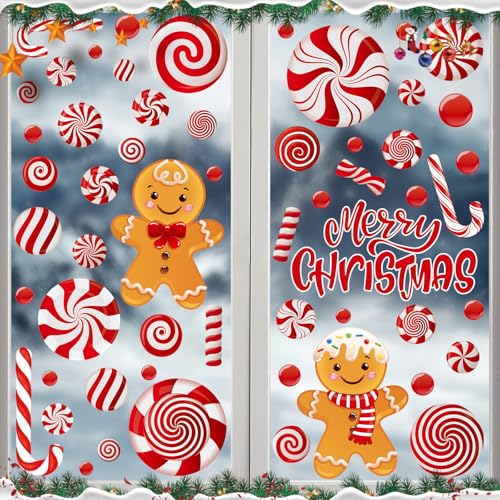 Maimegatt Christmas Window Clings - Candyland Decorations, Stickers With Candy Cane Gingerbread Decals for Xmas Home Shop Display, Winter Glass Decoration, 8 Sheets