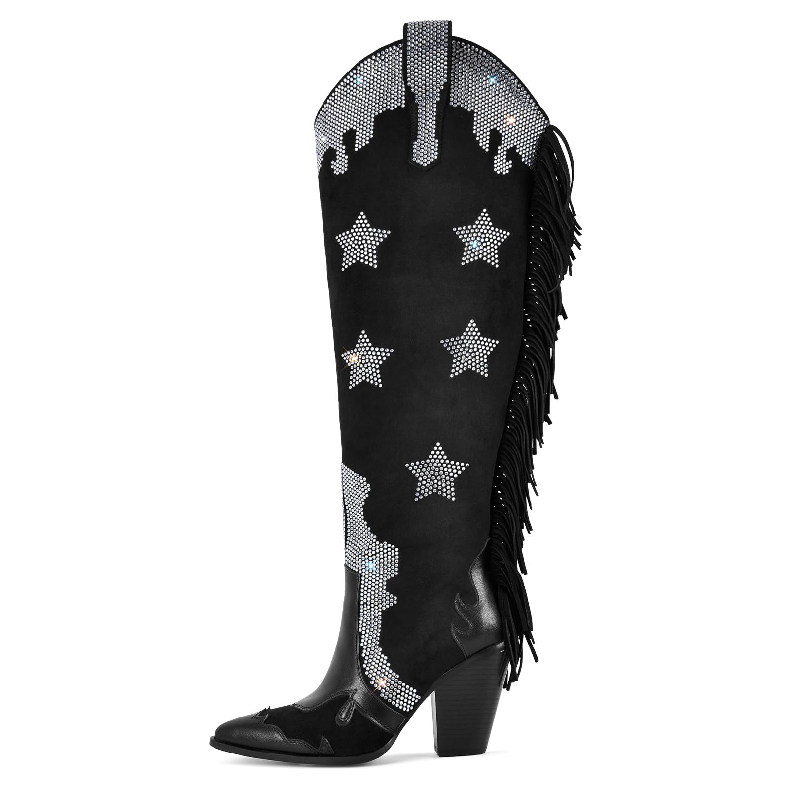 sexytag Fringe Thigh High Wide Calf Cowboy Boots Star Rhinestone Over The Knee Cowgirl Boots Embellished Tall Fashion Western Boots