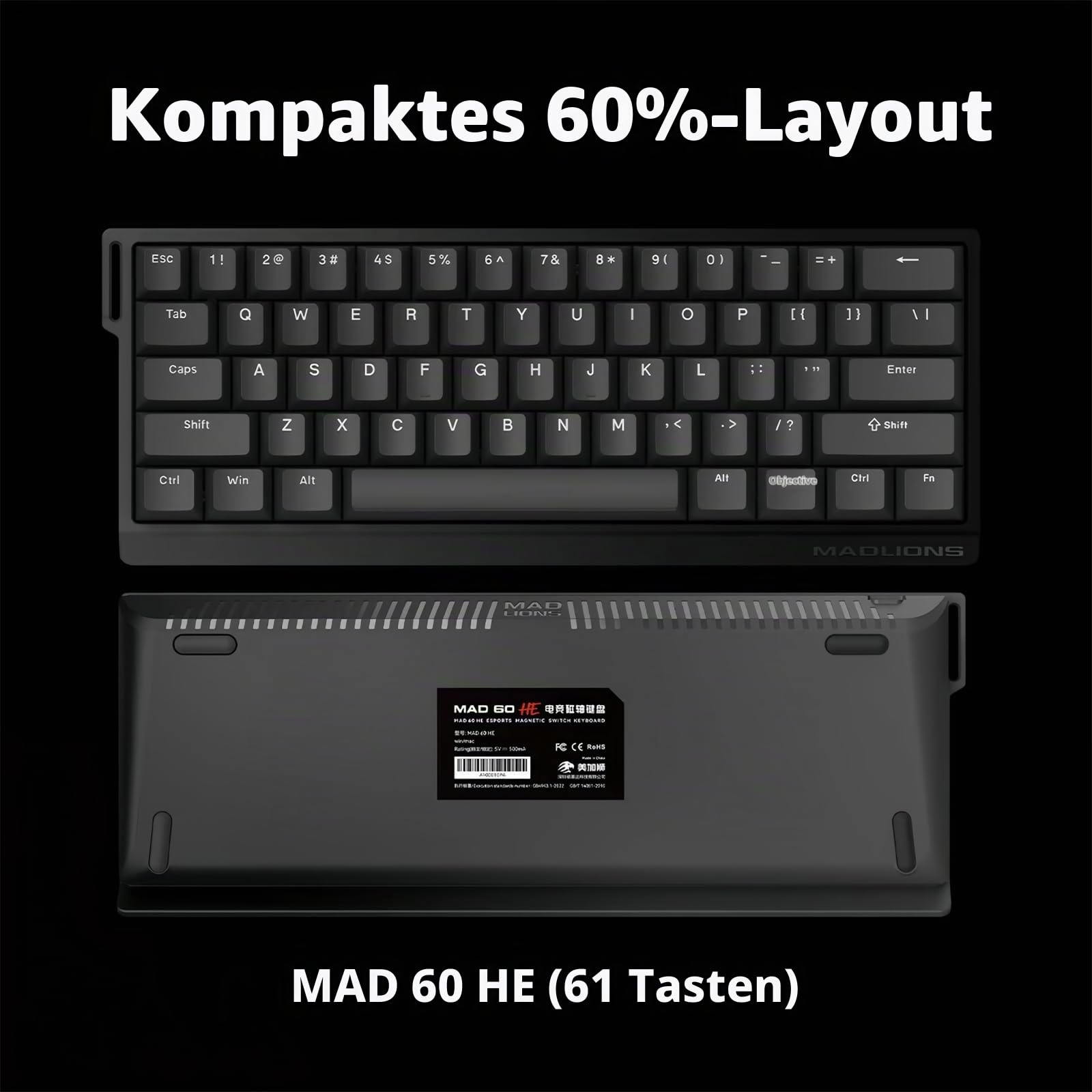Madlions MAD 60 HE Rapid Trigger RGB Gaming-Tastatur, 60 % Magnetschalter, Hall-Effekt, verstellbare Betätigung, hyperschnelle, USB-C-Kabelgebundene mechanische Tastatur für PC/Mac-Gamer (schwarz)