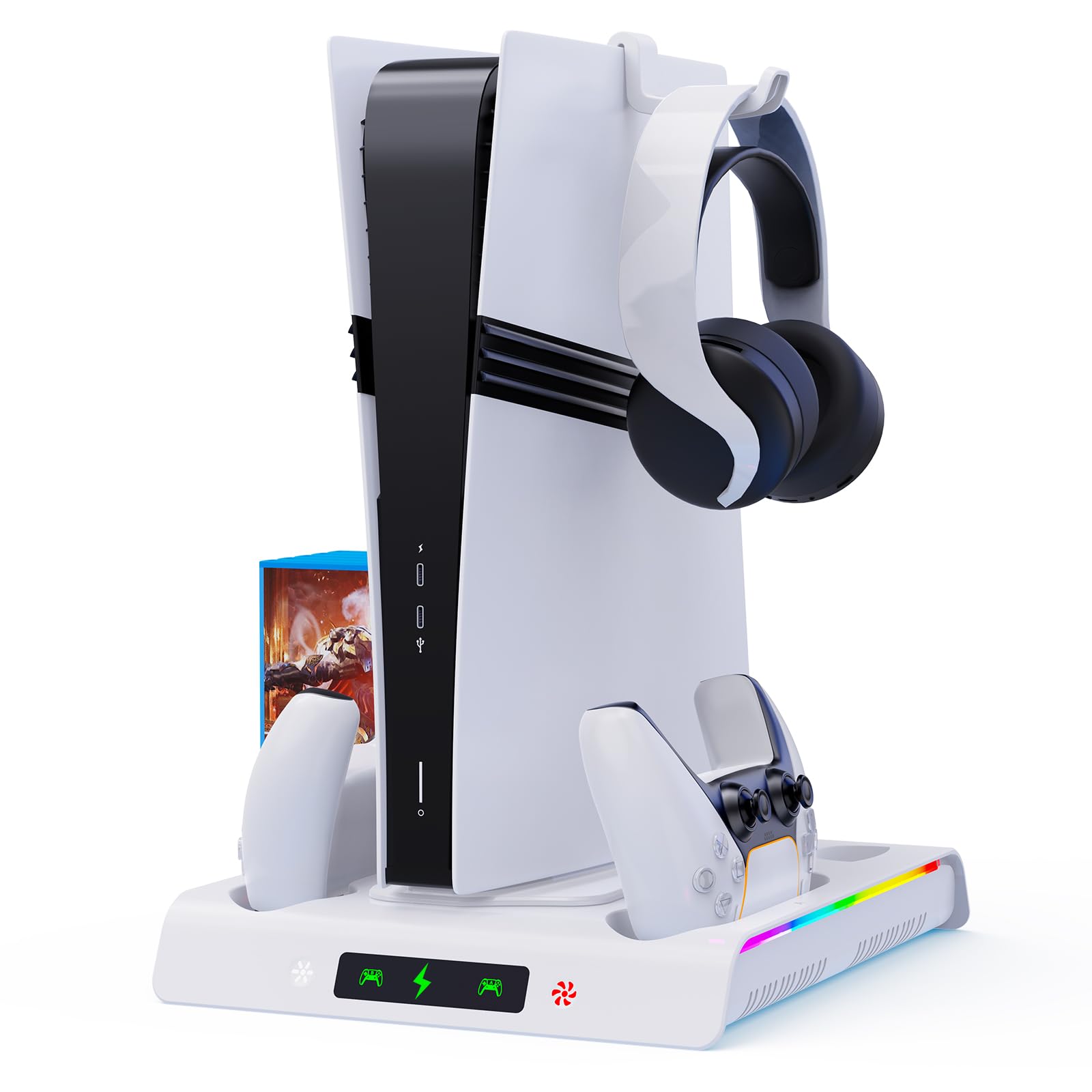 Labtec Soporte para PS5 / PS5 Slim / PS5 Pro con ventilador de enfriamiento y iluminación RGB, base de carga de controlador dual para consola PS5/Slim/Pro con 5 ranuras para juegos y 3 puertos USB