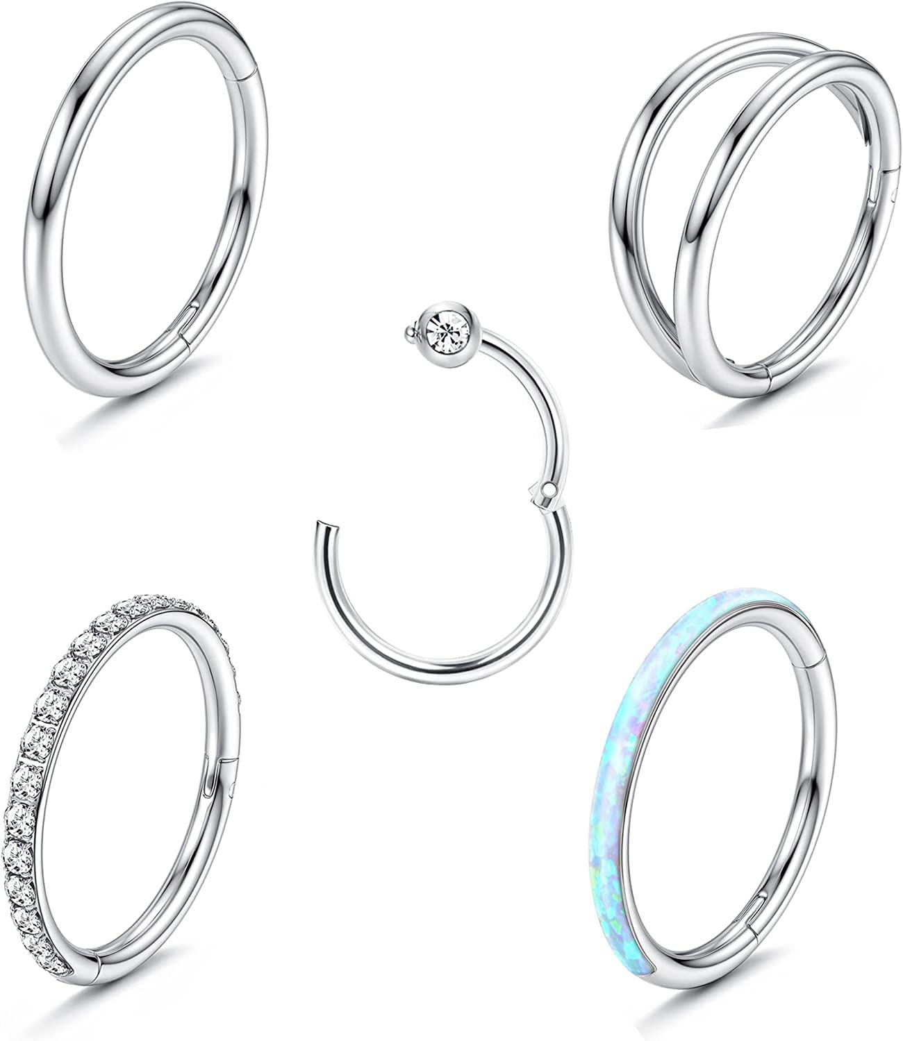 Diamday 5 Piezas Anillos de la Nariz Fake para Mujeres CZ Septo Clicker Anillos Hélix Cartílago Pendientes de Aro Daith Labio Trago Piercing Pendientes para Dormir 16G 18G