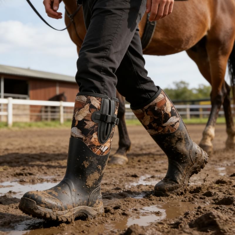 Image of Men's Waterproof Rubber Boots - 6mm Neoprene, 15 inch Shaft, Dual-Sole Anti-Fatigue Rain & Mud Boots for Farm & Wet Work, Fishing, Irrigation - Lightweight Soft Toe