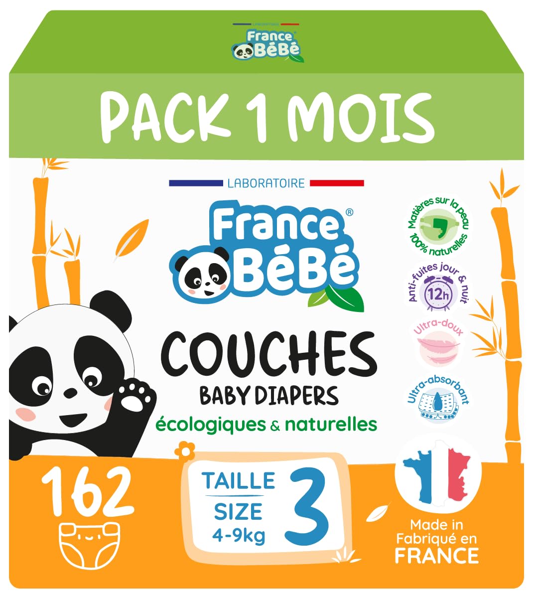 Couches Écologiques Taille 3 (4 à 9kg) - 162 couches - Fabriquées en France - Ultra-absorbantes 12H - Ultra douces - Sans substances nocives (Taille 3)