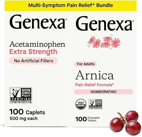 Genexa Paquete de alivio del dolor para adultos  Cápsulas de acetaminofeno de 500 mg + masticables de árnica homeopática  Alivio rápido para dolor