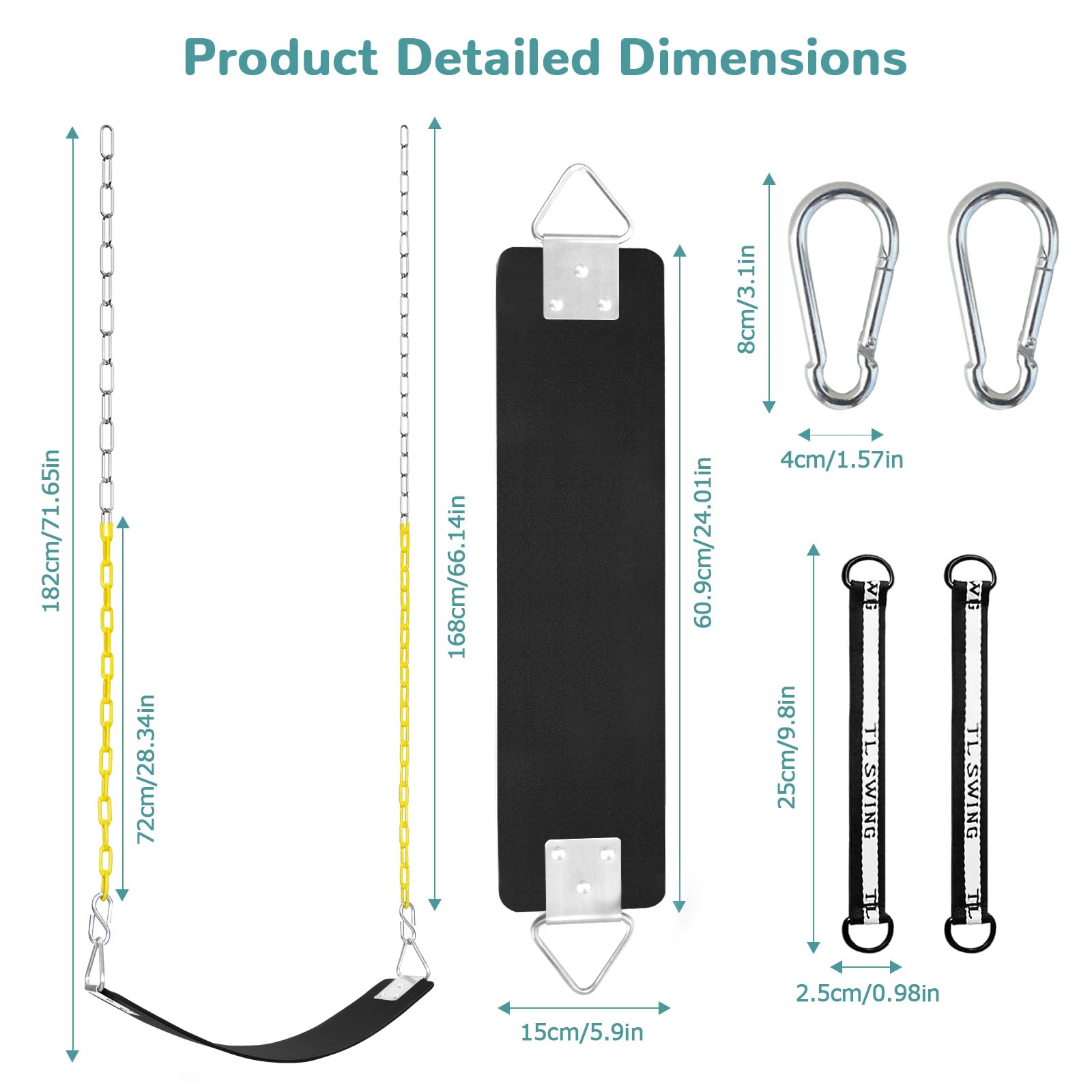 Juego de 2 columpios con anillo triangular de metal y cadenas antioxidantes de 66 pulgadas, accesorios para columpios de árbol con ganchos a presión y correas para colgar, soporta 300 libras, patio