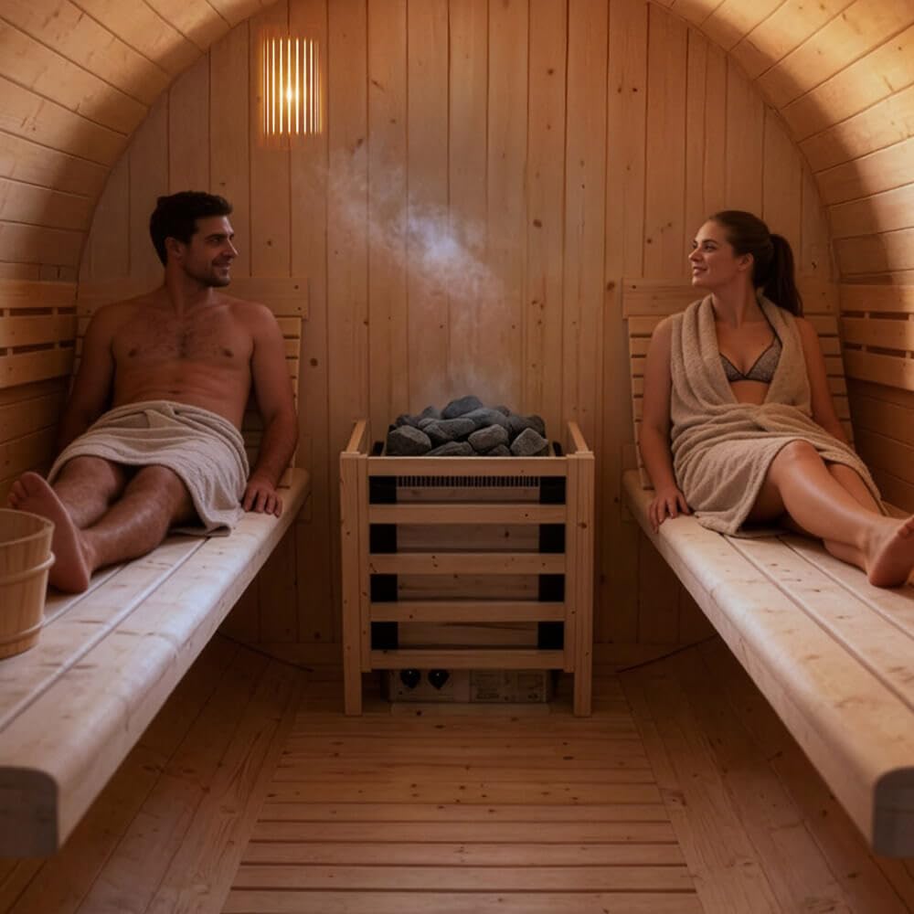 Home Deluxe - Sauna de Barril Lahti XL para Exteriores - Dimensiones: An x Pr x Al: Aprox. 195 cm x 192 cm x 220 cm, Madera: Abeto - Incl. Calefactor de Sauna y Accesorios de Sauna I Sauna de jardín,